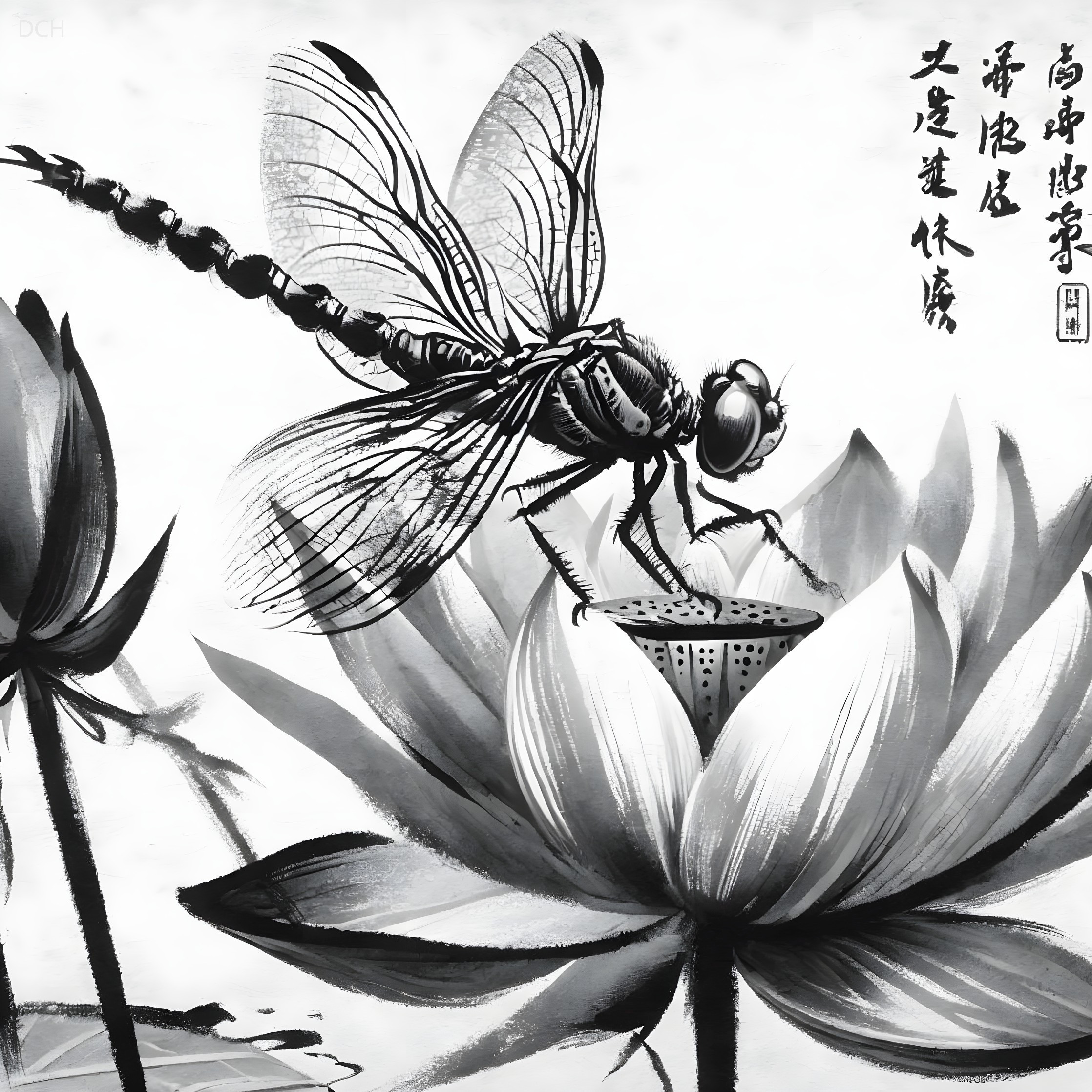 Monochrome Ink Painting of Dragonfly on Lotus Flower