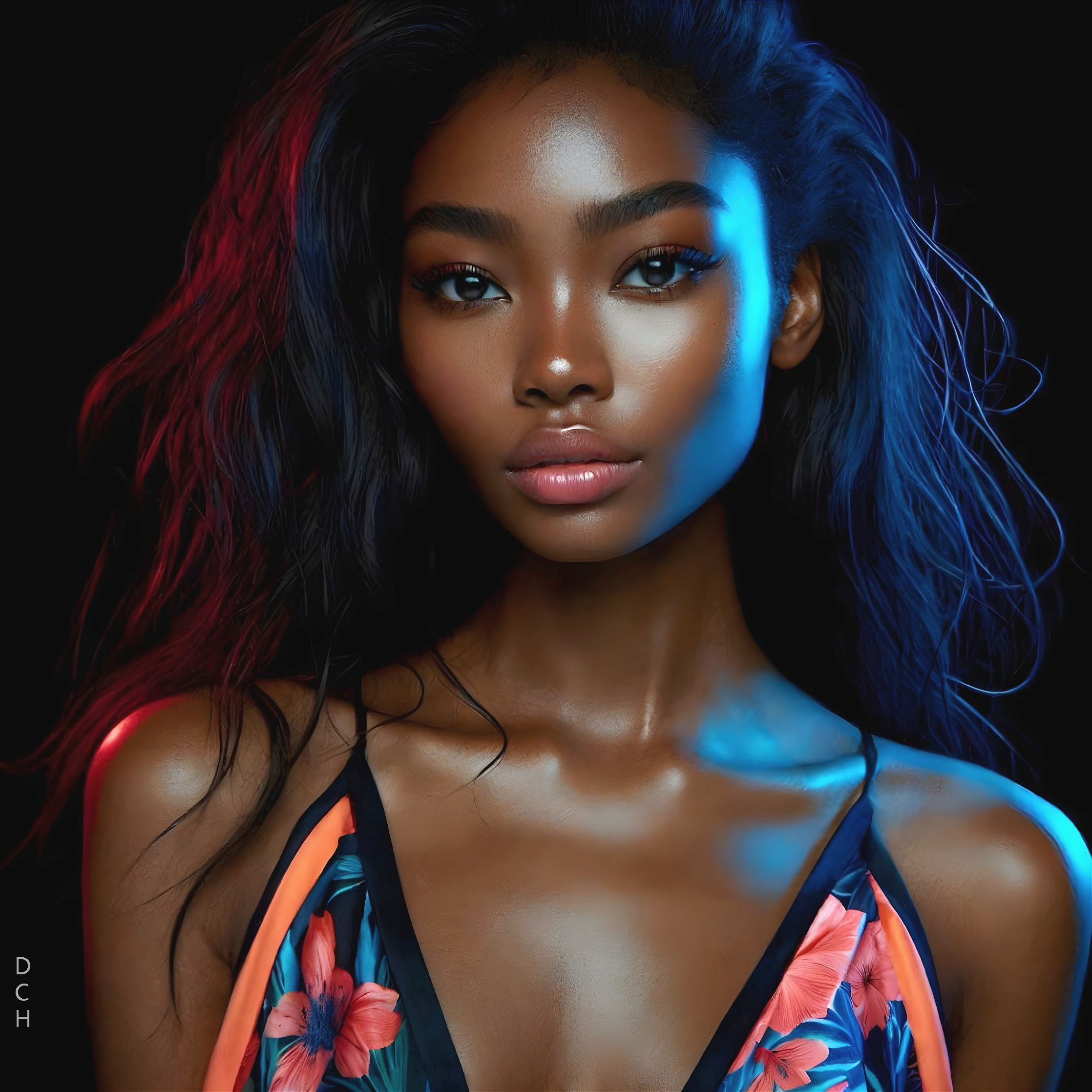Portrait of a Young Woman with Vibrant Lighting
