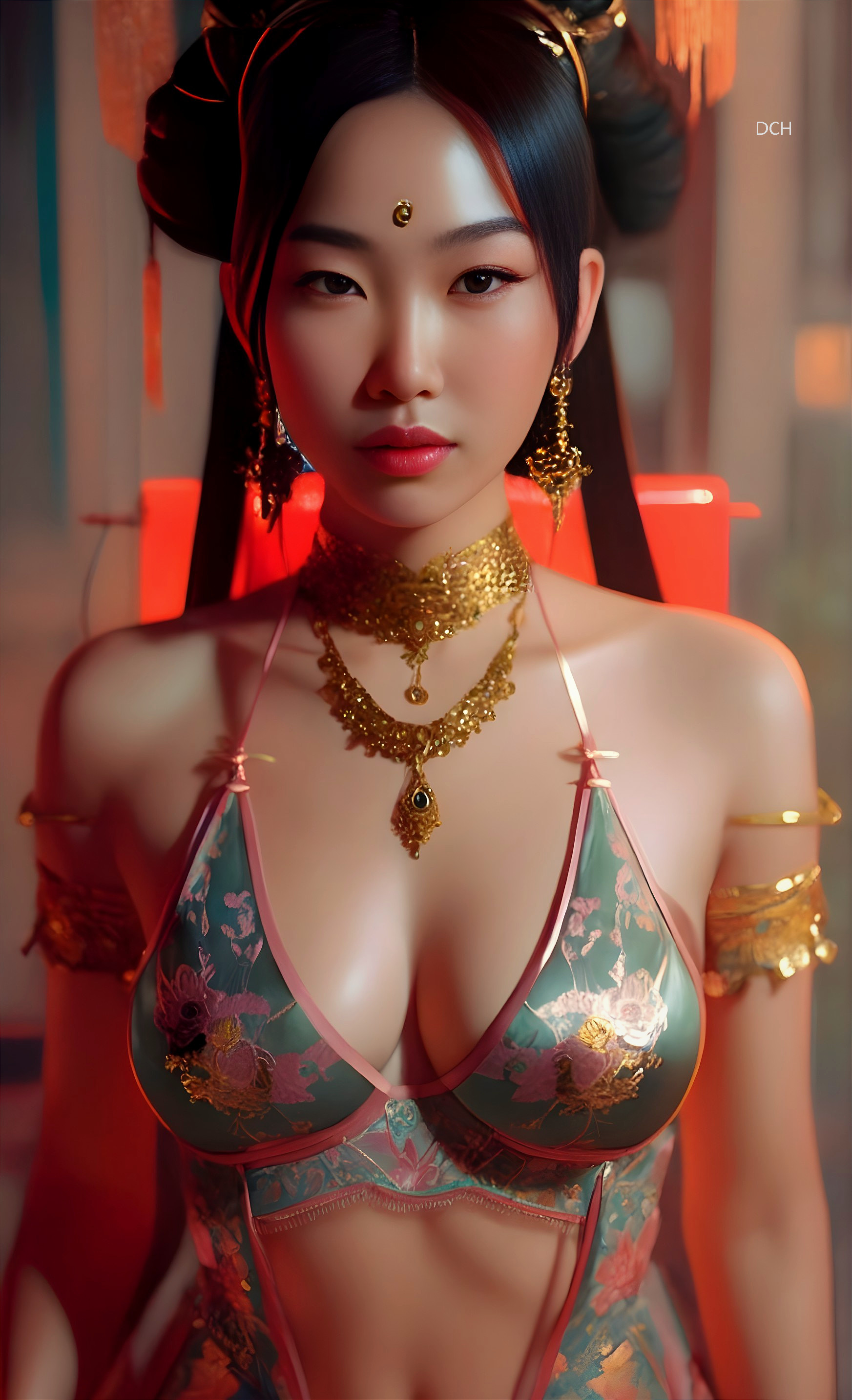 Digital artwork: Woman in Asian attire with gold jewelry & headpiece on warm reddish backdrop