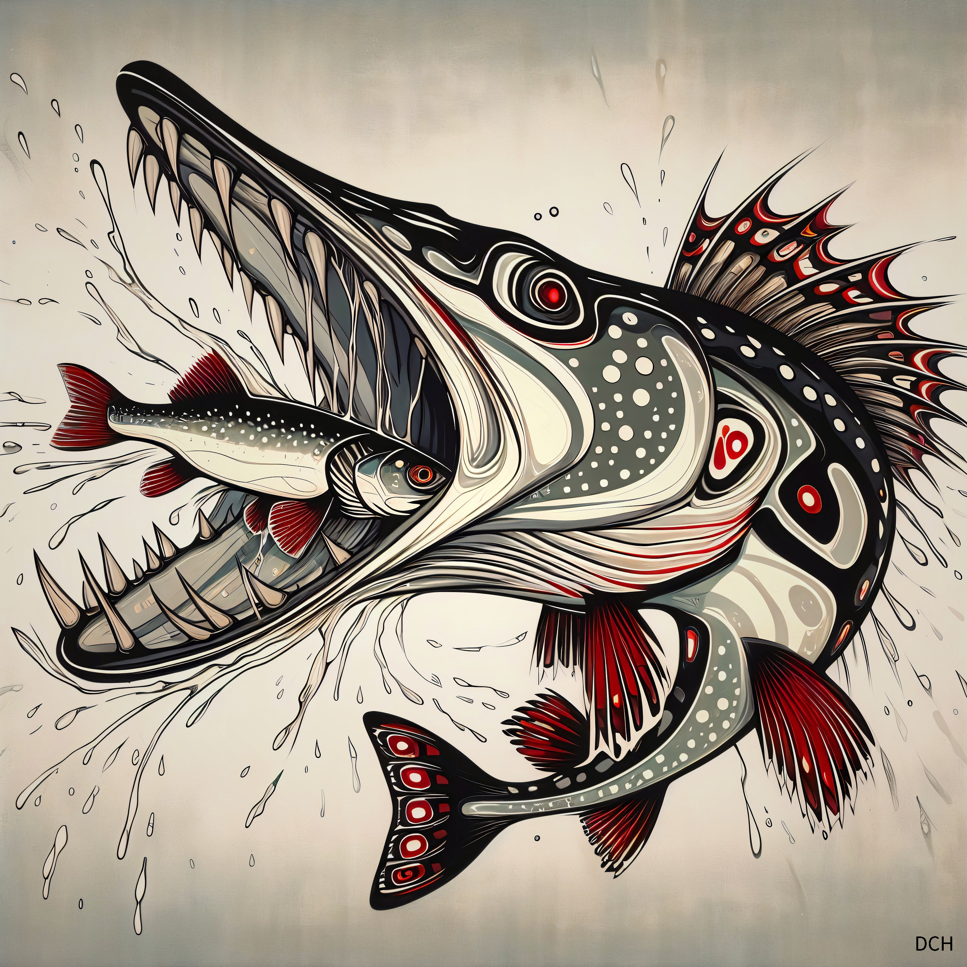 Artistic depiction of a large fish with vibrant colors