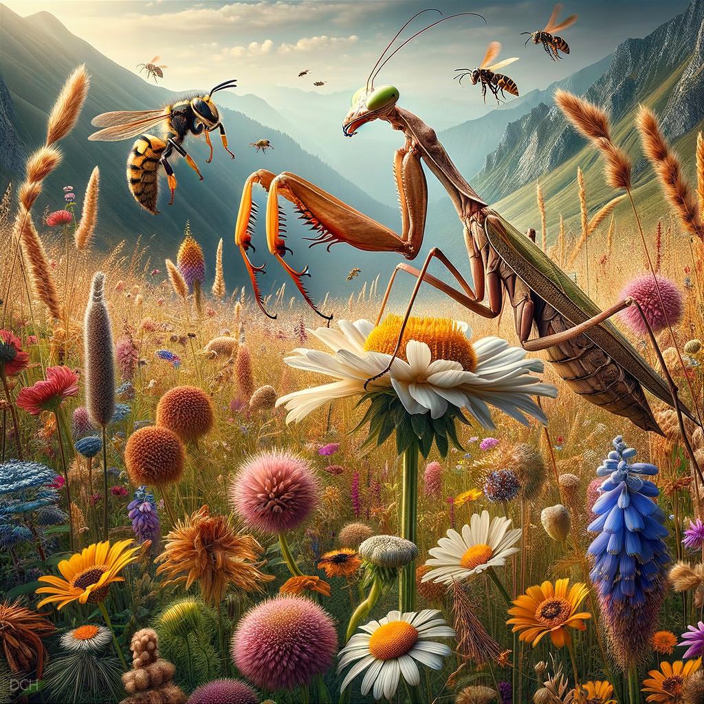 Digital Artwork of Praying Mantis on Daisy with Insects