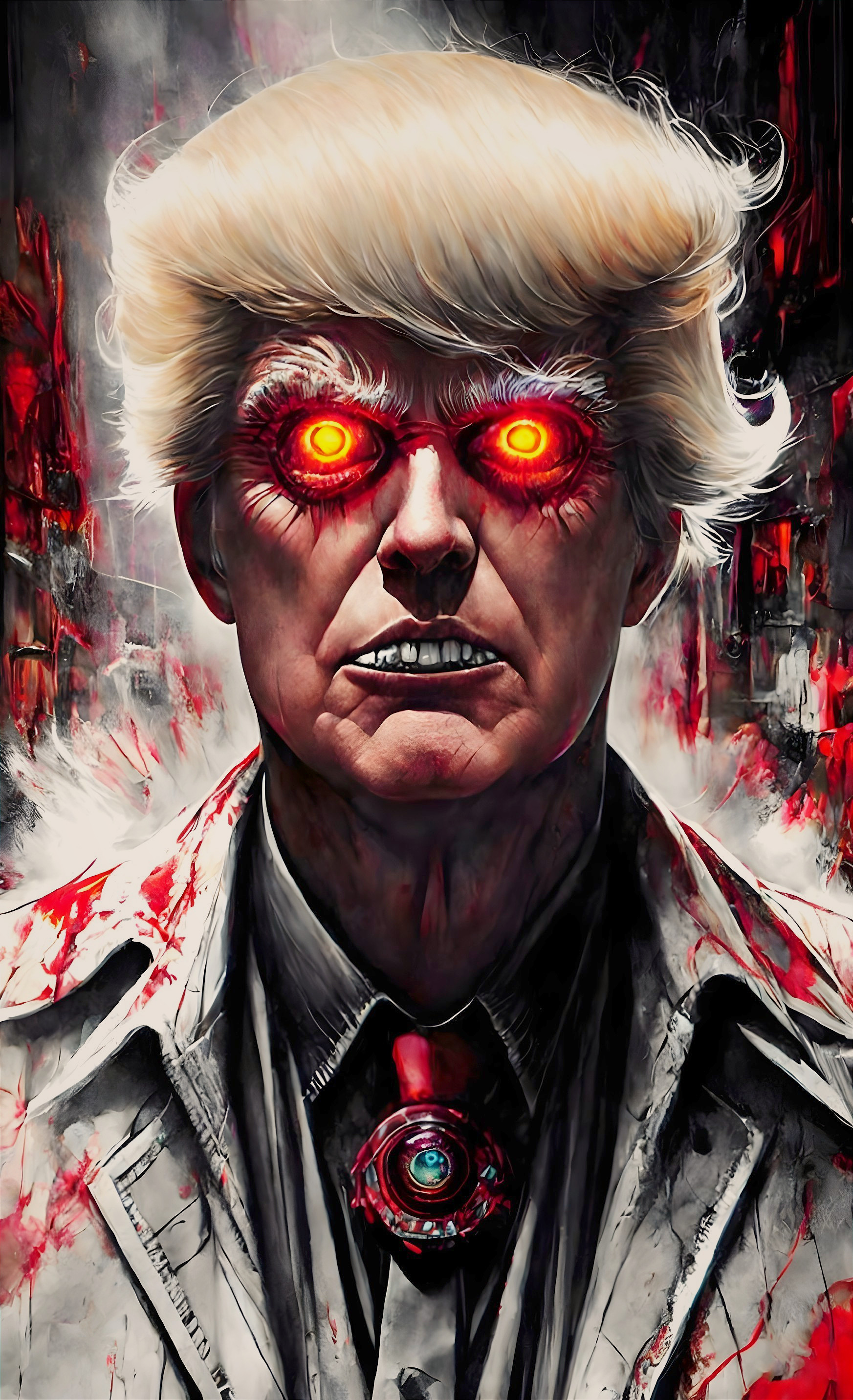 Surreal Figure with Exaggerated Features and Blood Stains