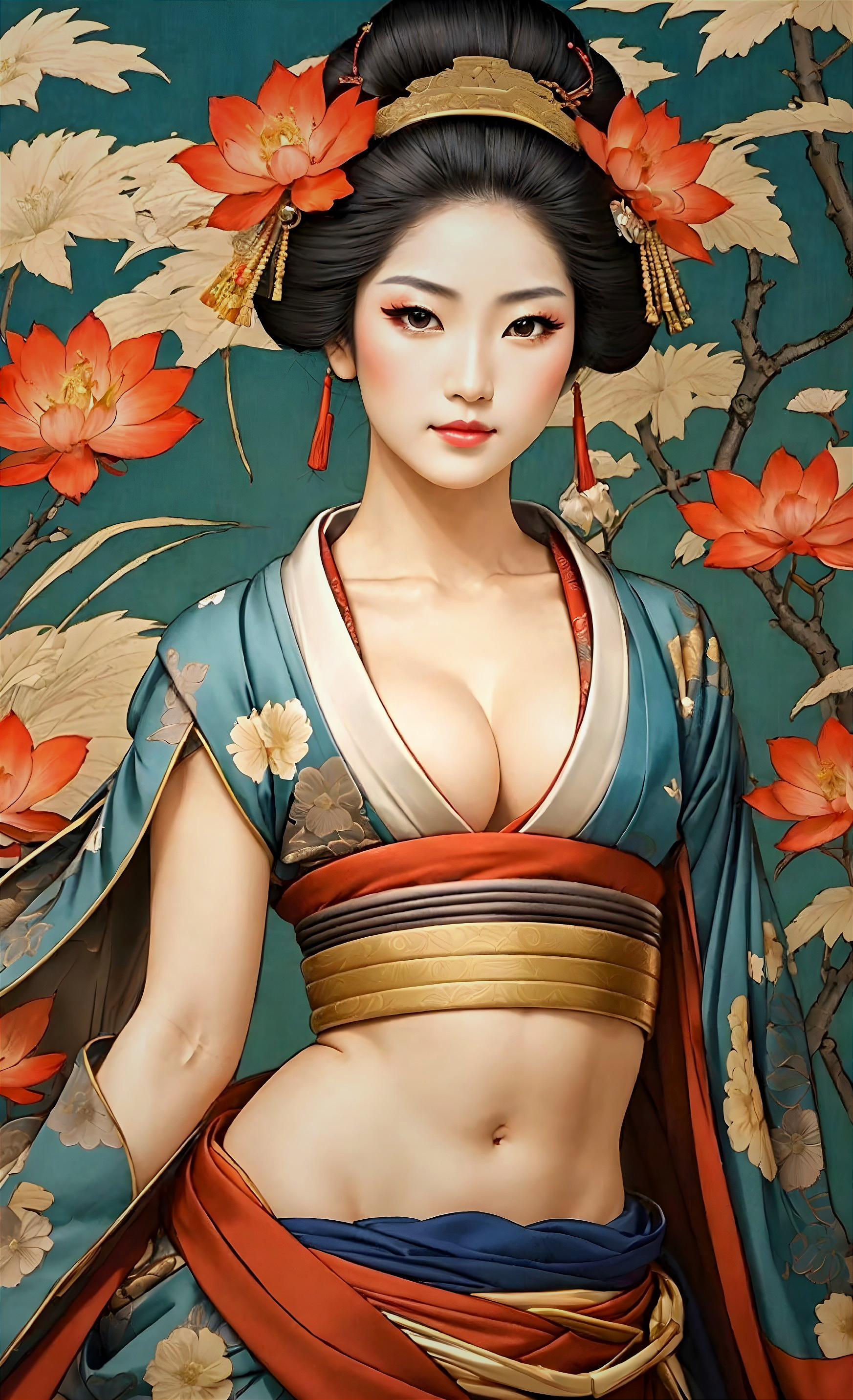 Woman in Vibrant Kimono Surrounded by Lotus Flowers