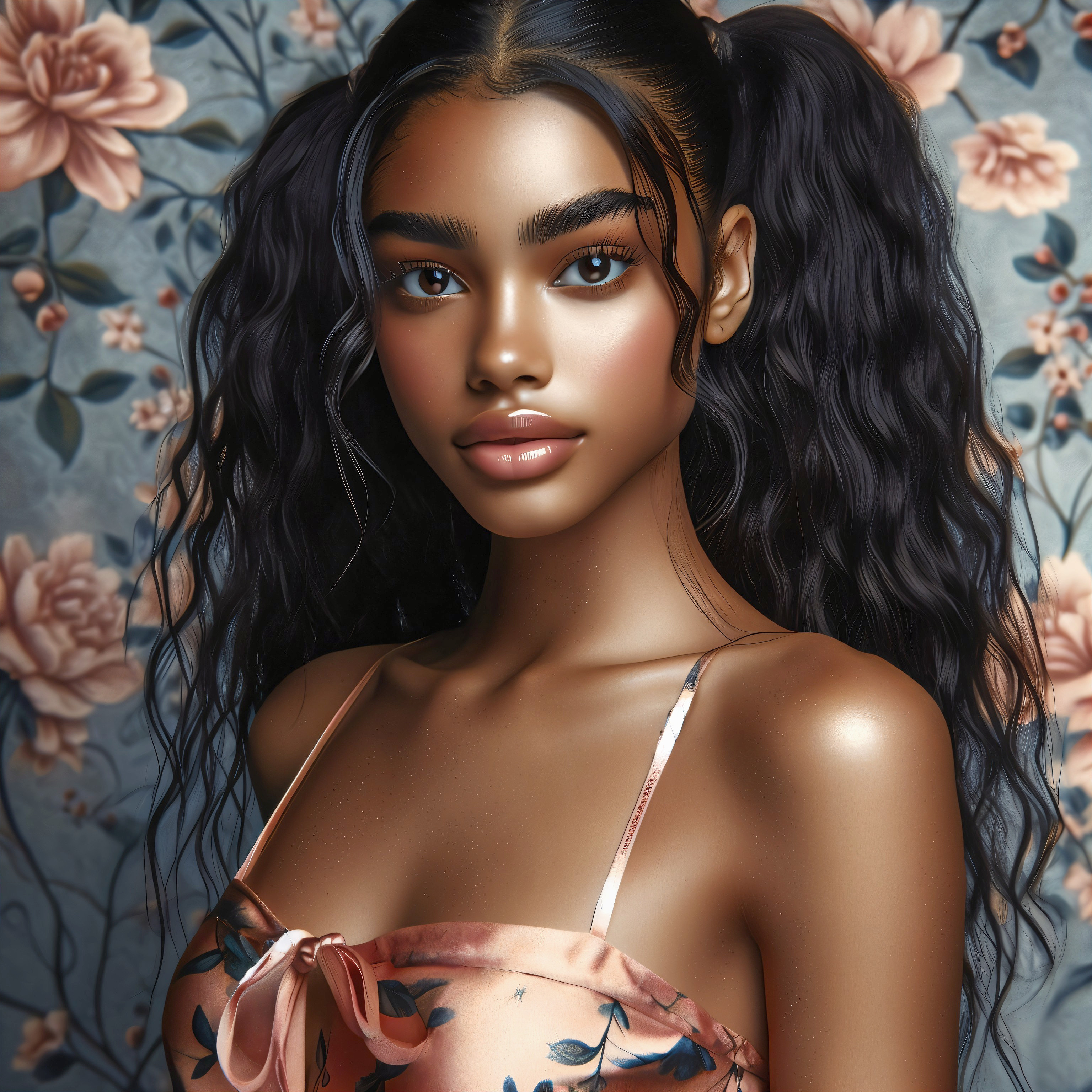 Young woman in pink dress with floral background