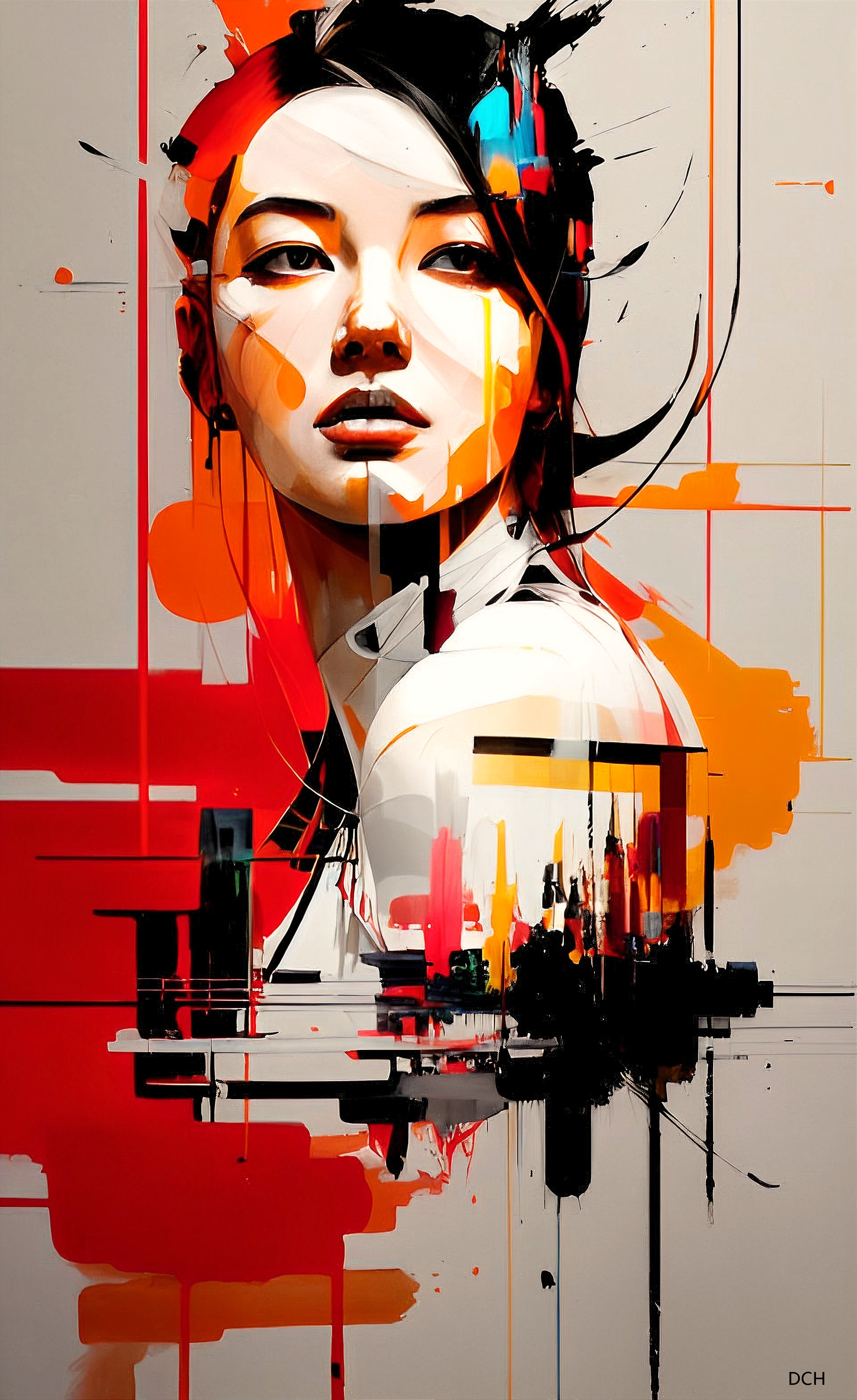 Artistic portrait of a woman with vibrant colors and shapes