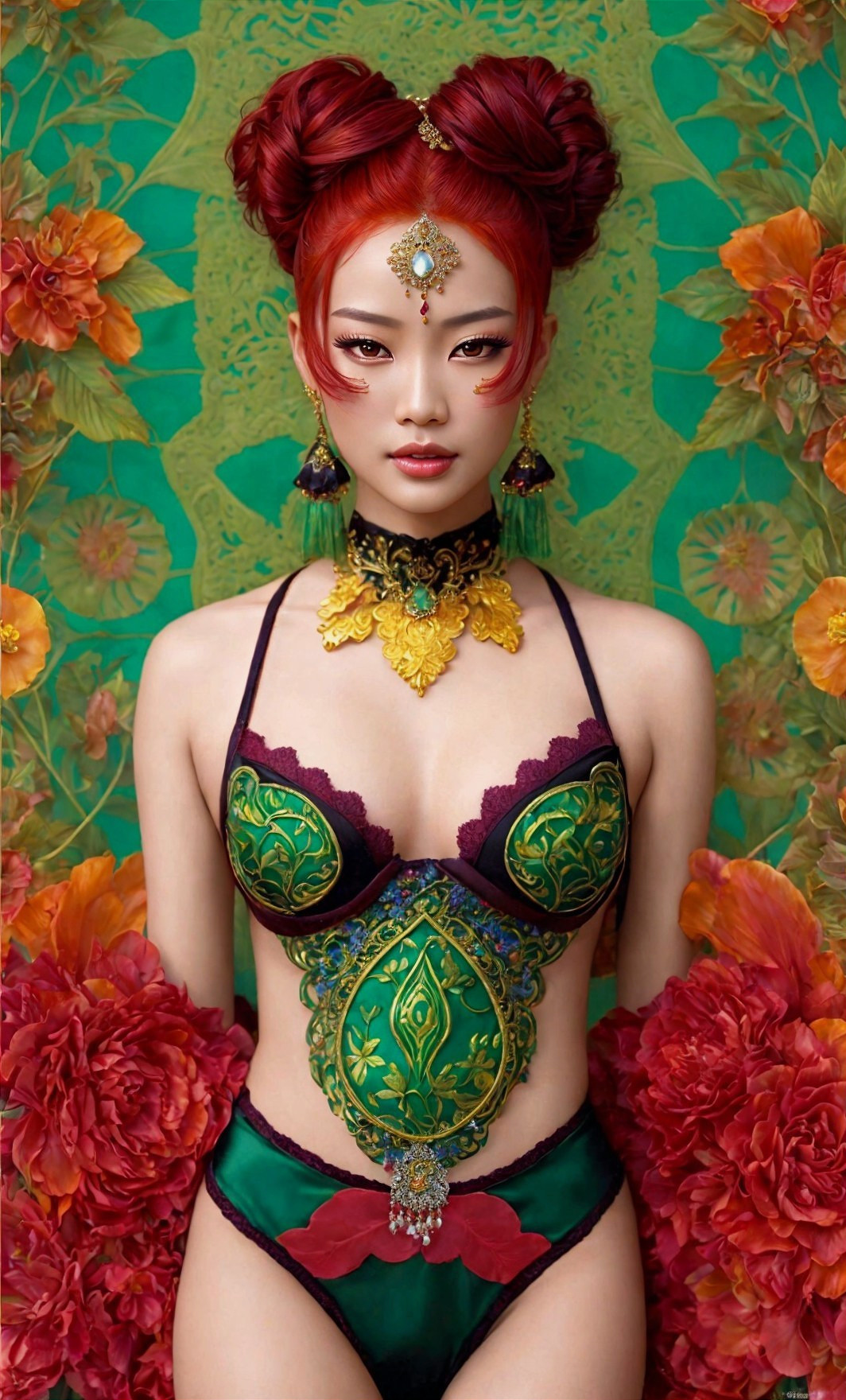 Red-haired woman in double buns, gold headpiece, ornate green and purple bikini on floral