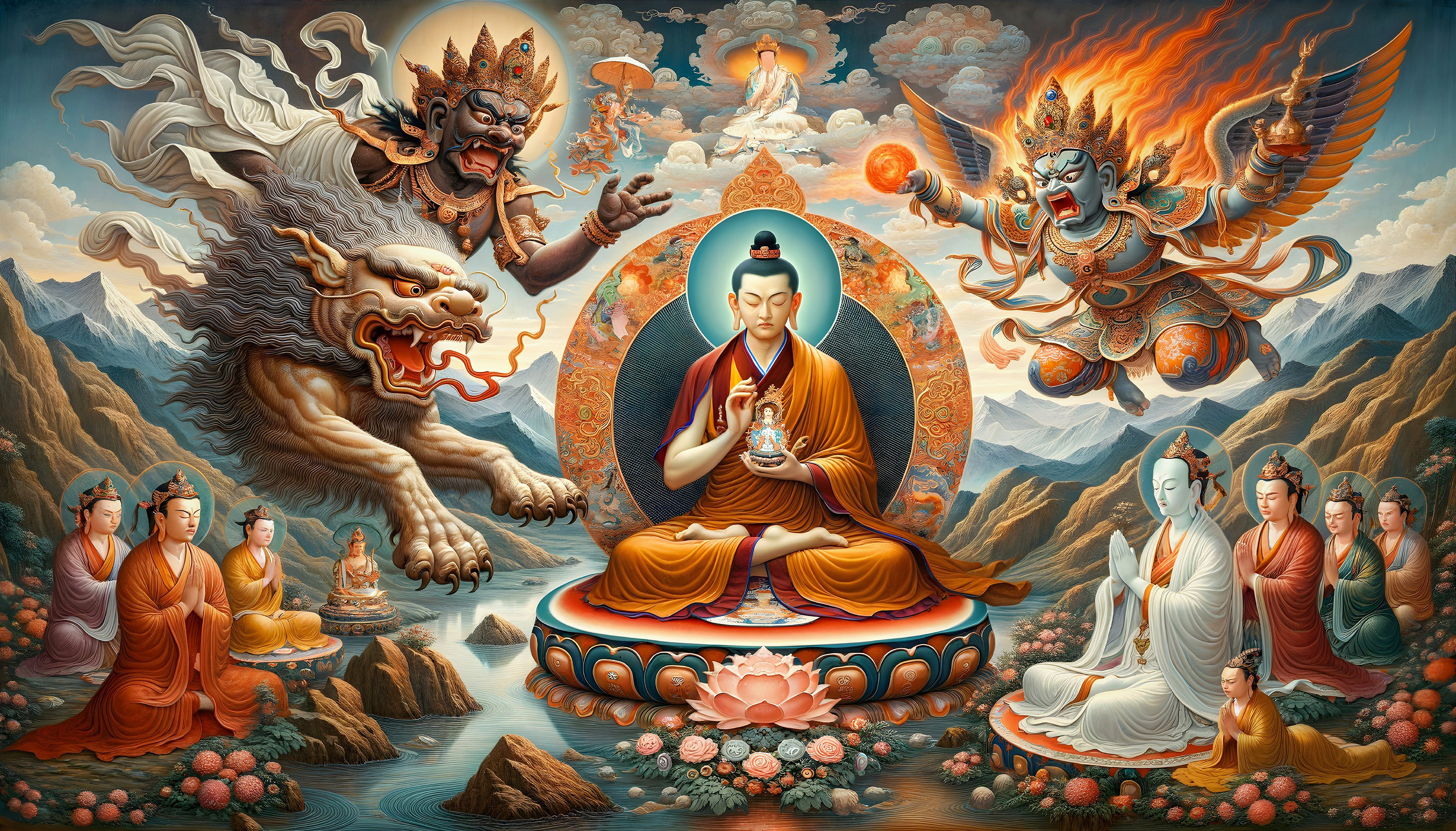 Detailed Artwork: Meditating Figure with Lotus Flowers and Mythical Creatures