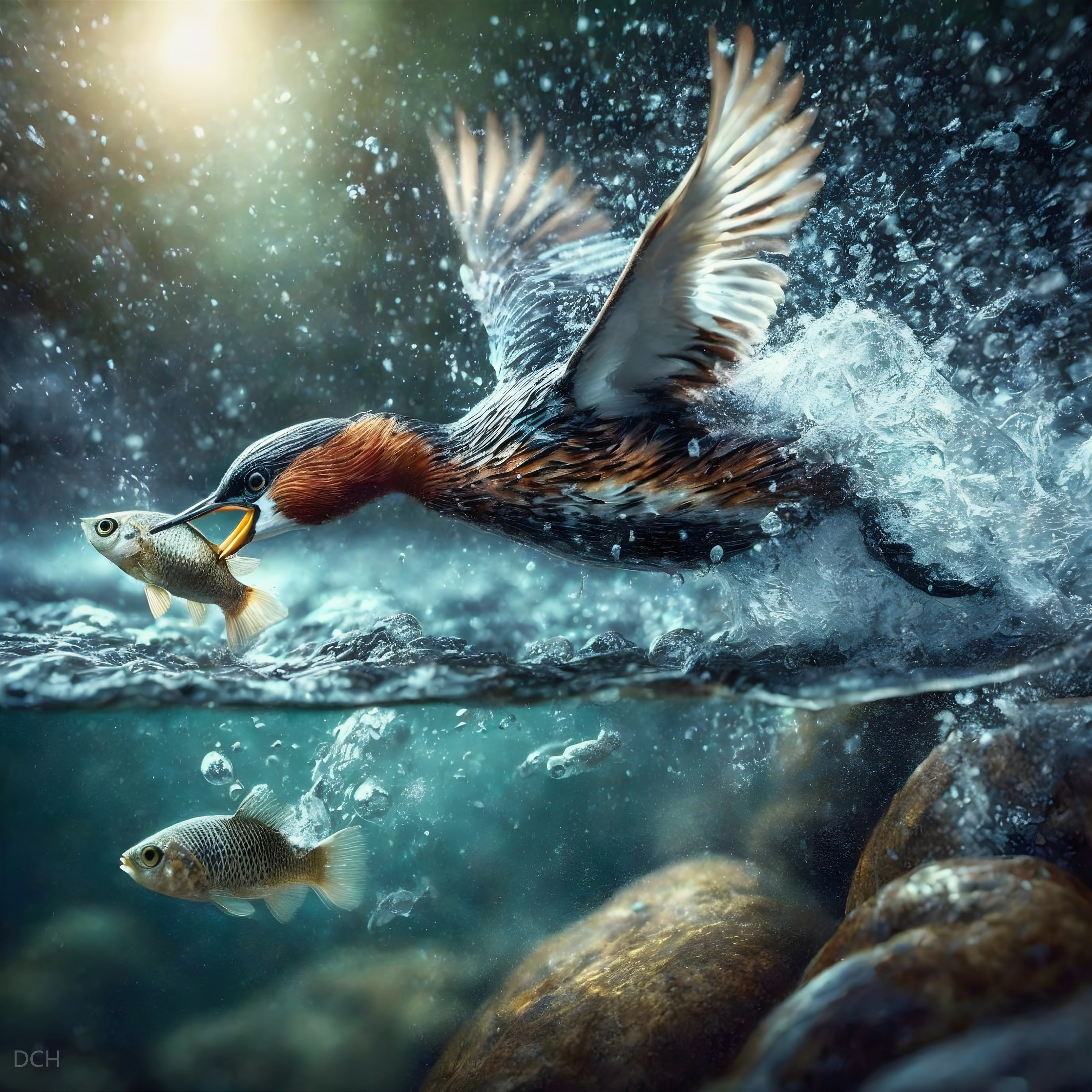 Duck Diving Underwater Catching Fish with Wings Spread