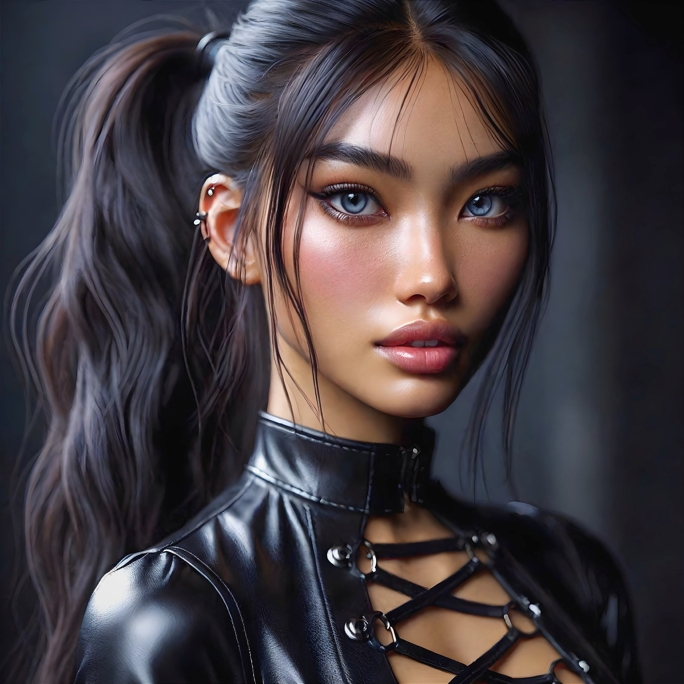 Portrait of Woman with Striking Blue Eyes and Leather Outfit