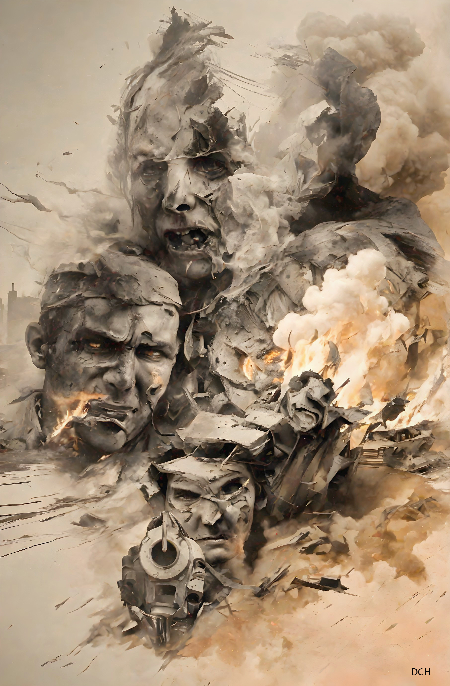 Surreal Composition of Fragmented Faces in Chaos