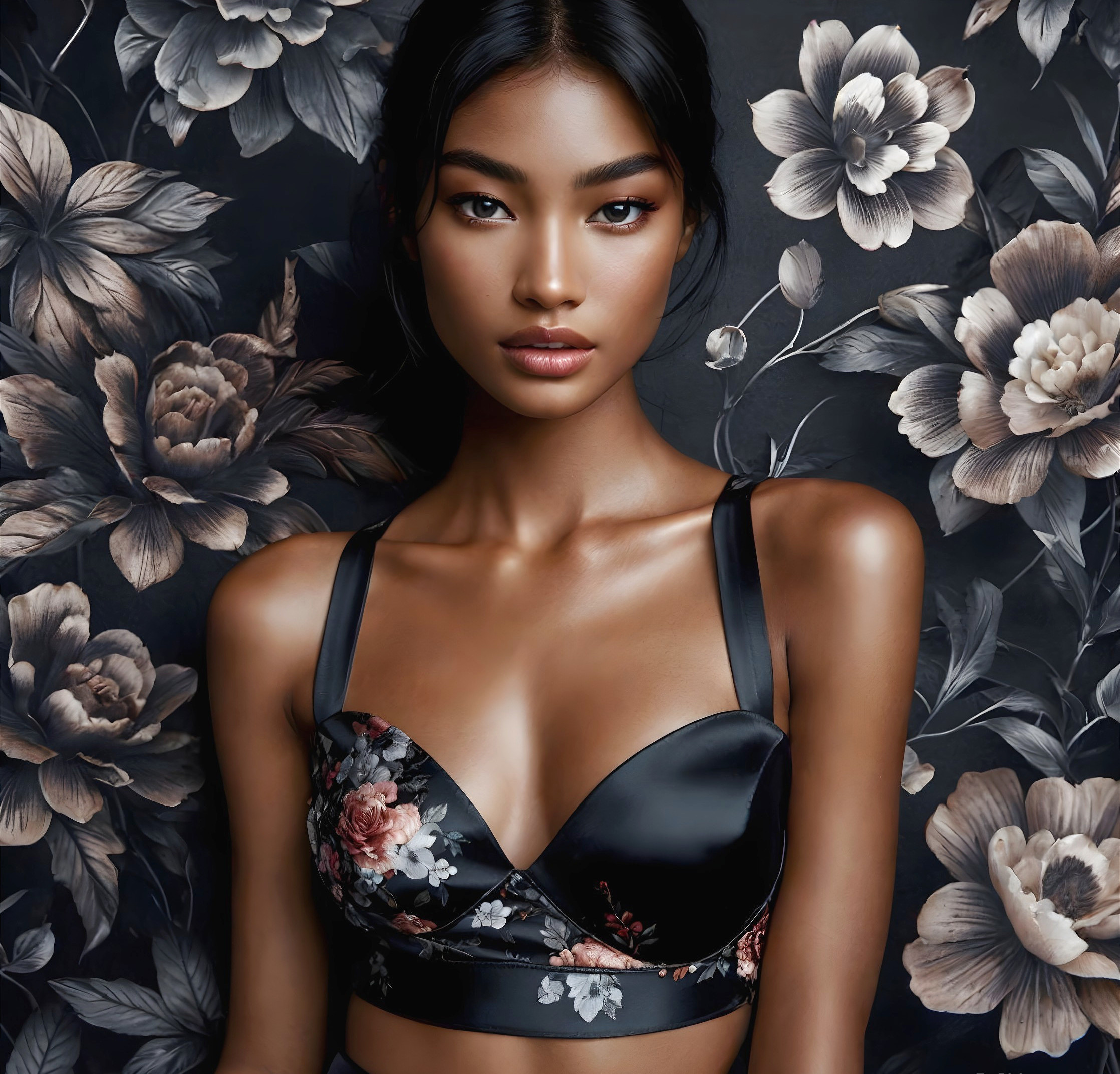 Close-up Portrait of Model in Floral Bra and Background