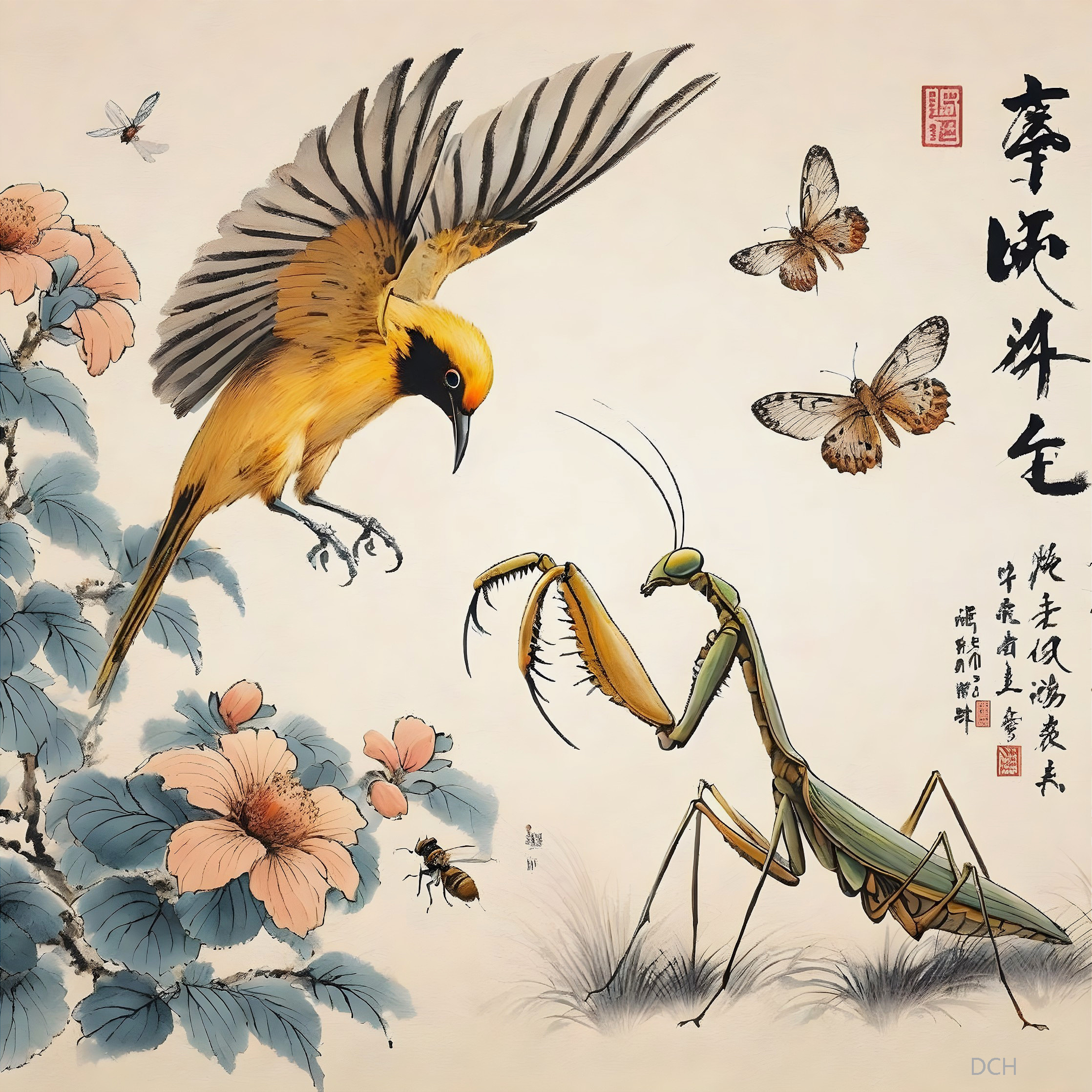 Vibrant Yellow Bird and Green Praying Mantis Scene