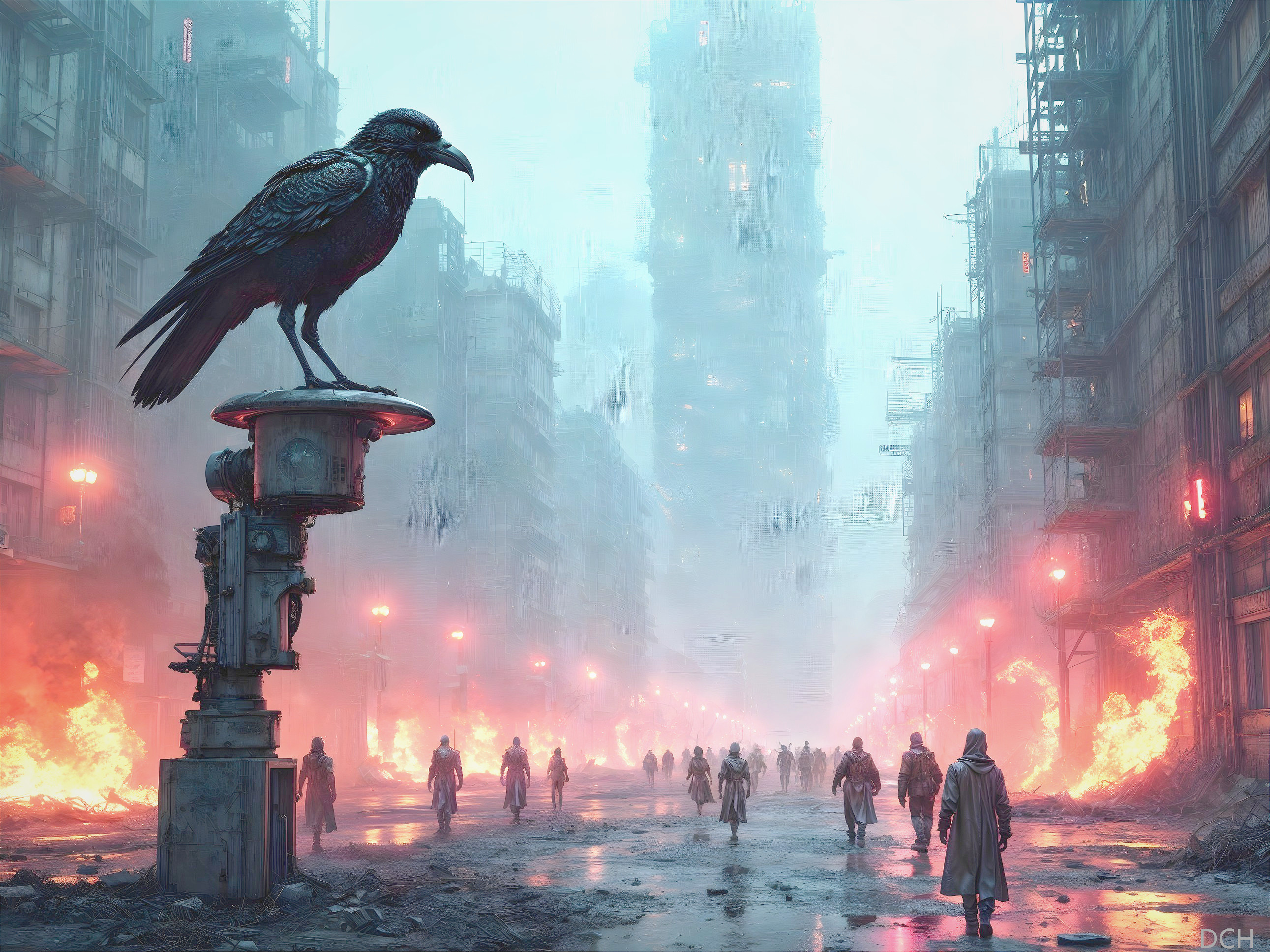 Dystopian Cityscape with Giant Raven and Hooded Figures
