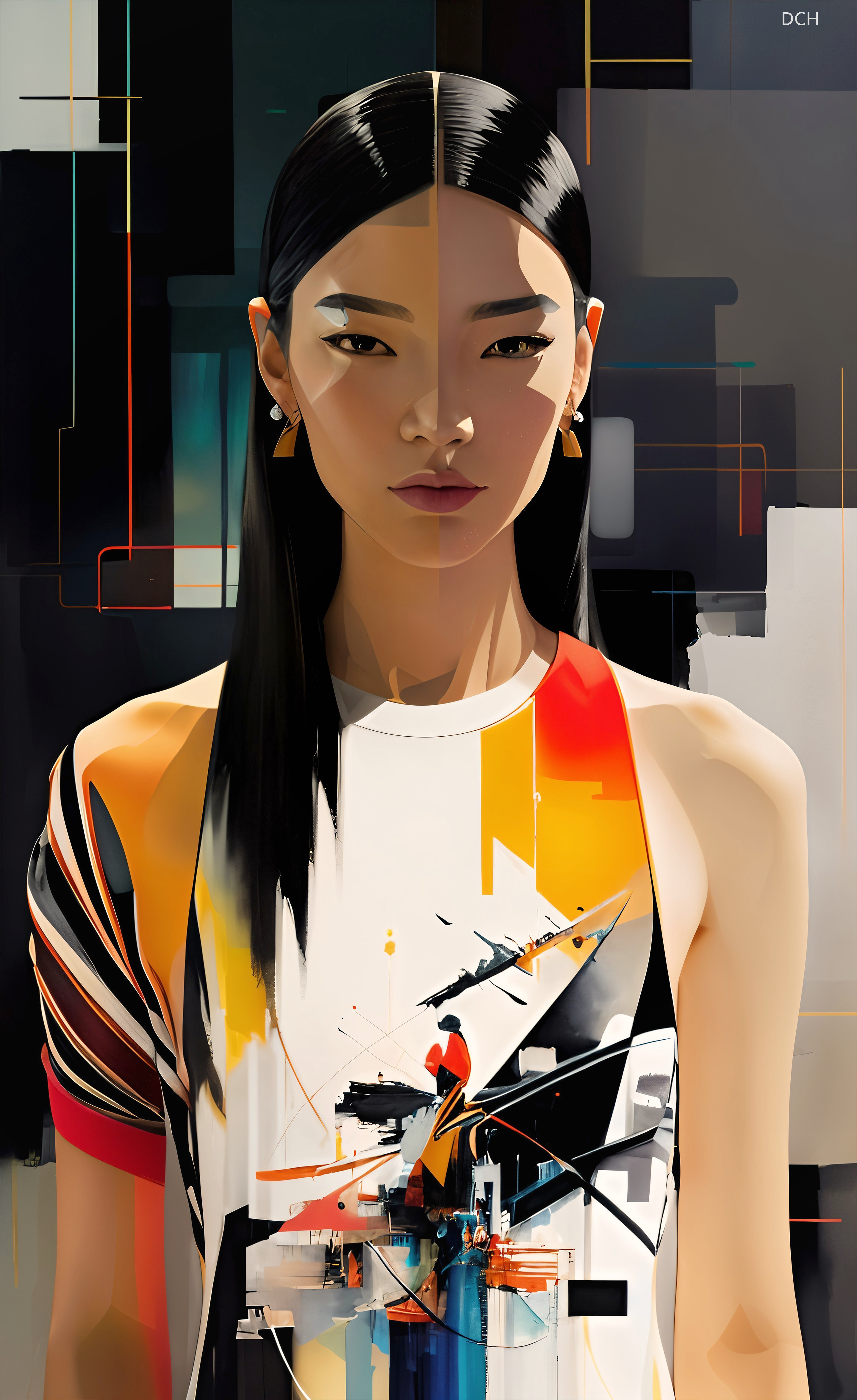 Stylized Portrait of a Young Woman in Bold Colors