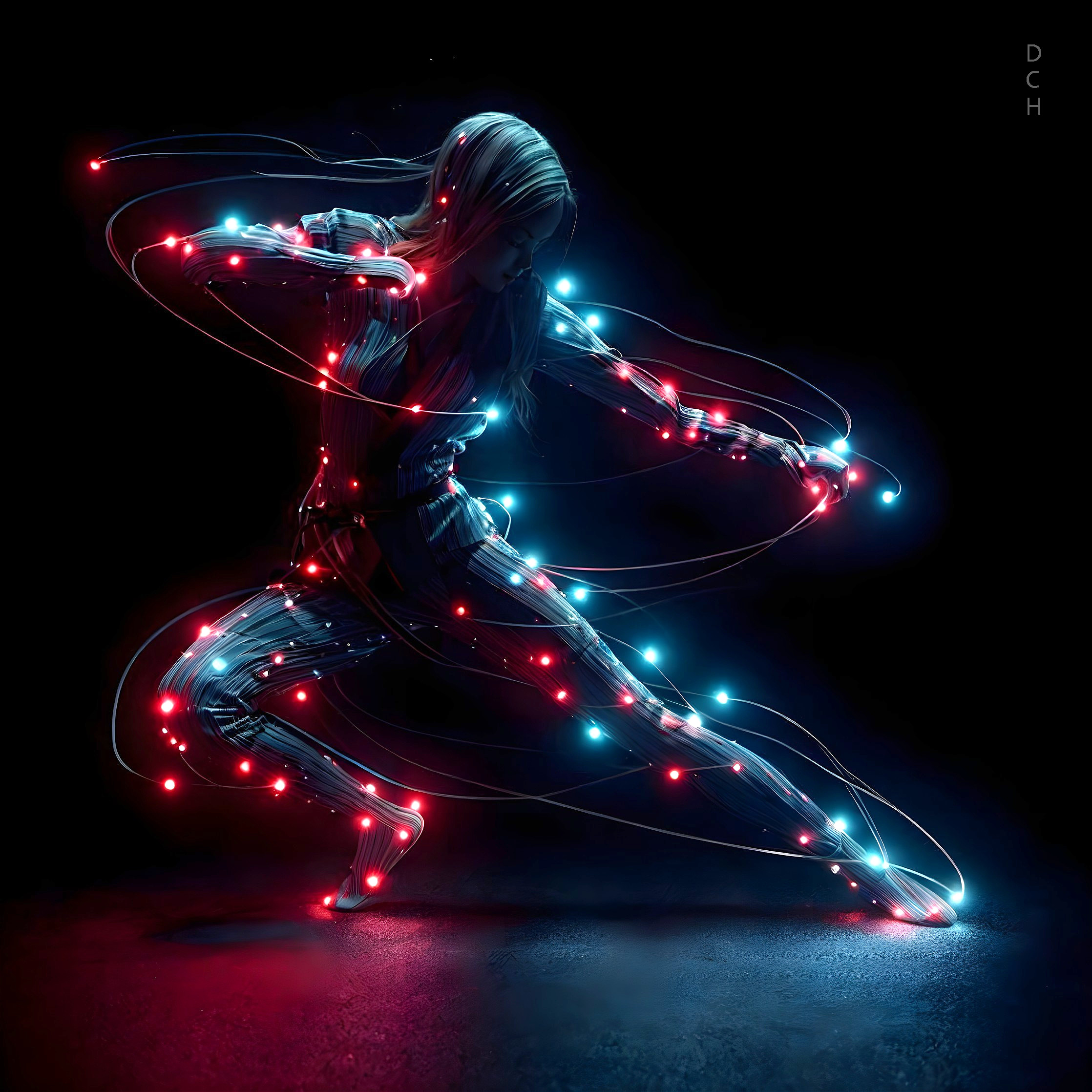 Dynamic Figure Illuminated by Vibrant Blue and Red Lights