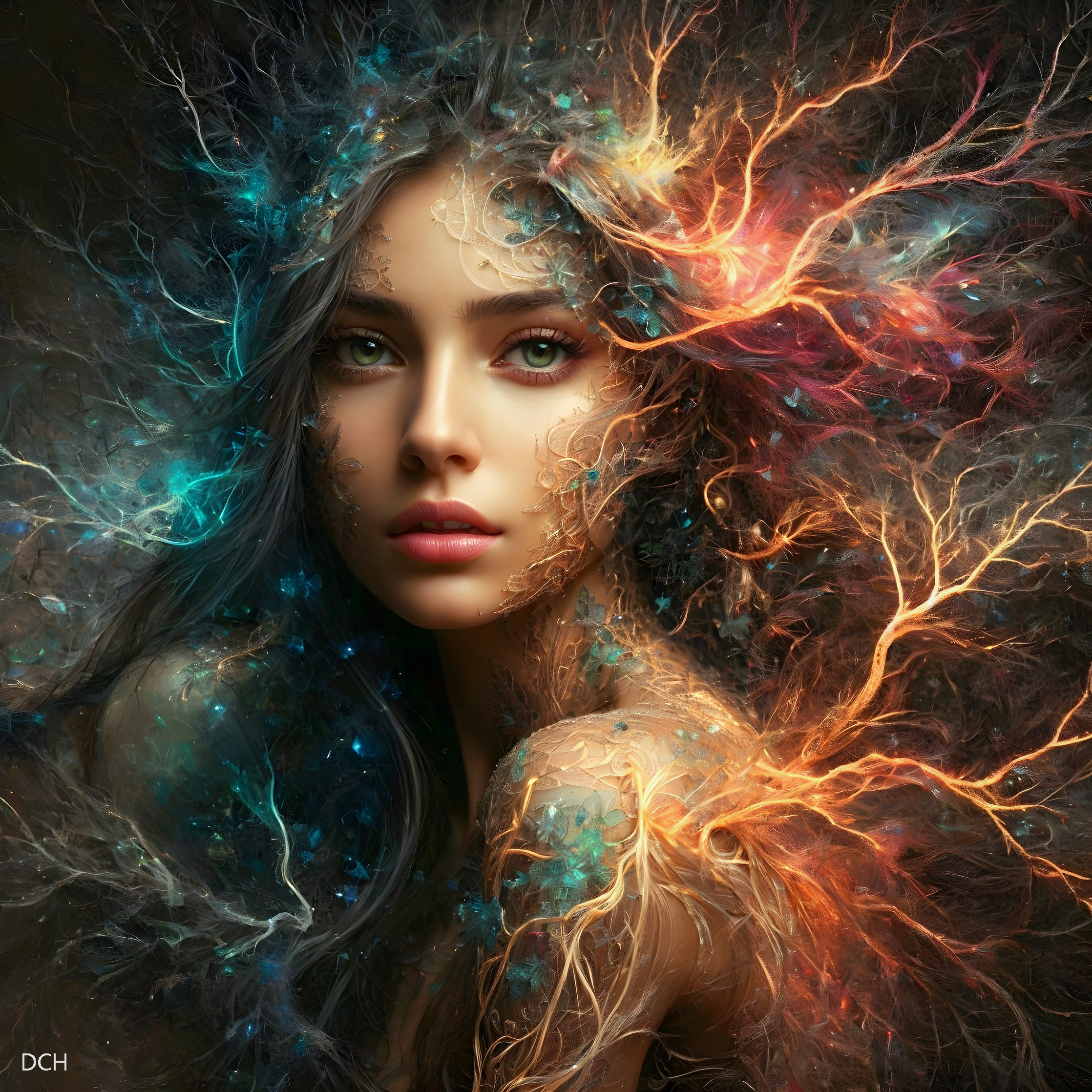 Portrait of a Woman with Colorful Energy Tendrils