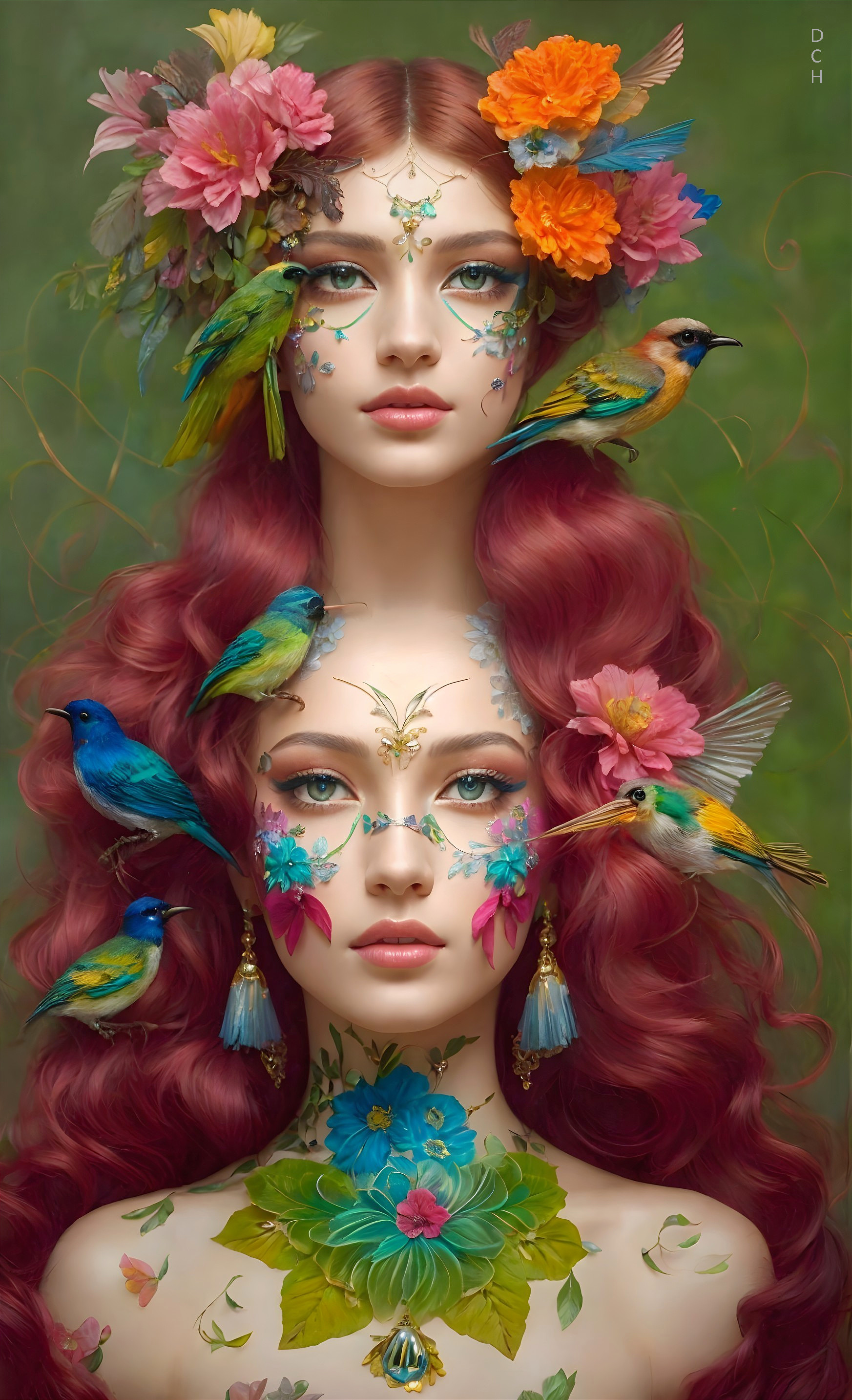 Ethereal Women with Red Hair and Floral Accents