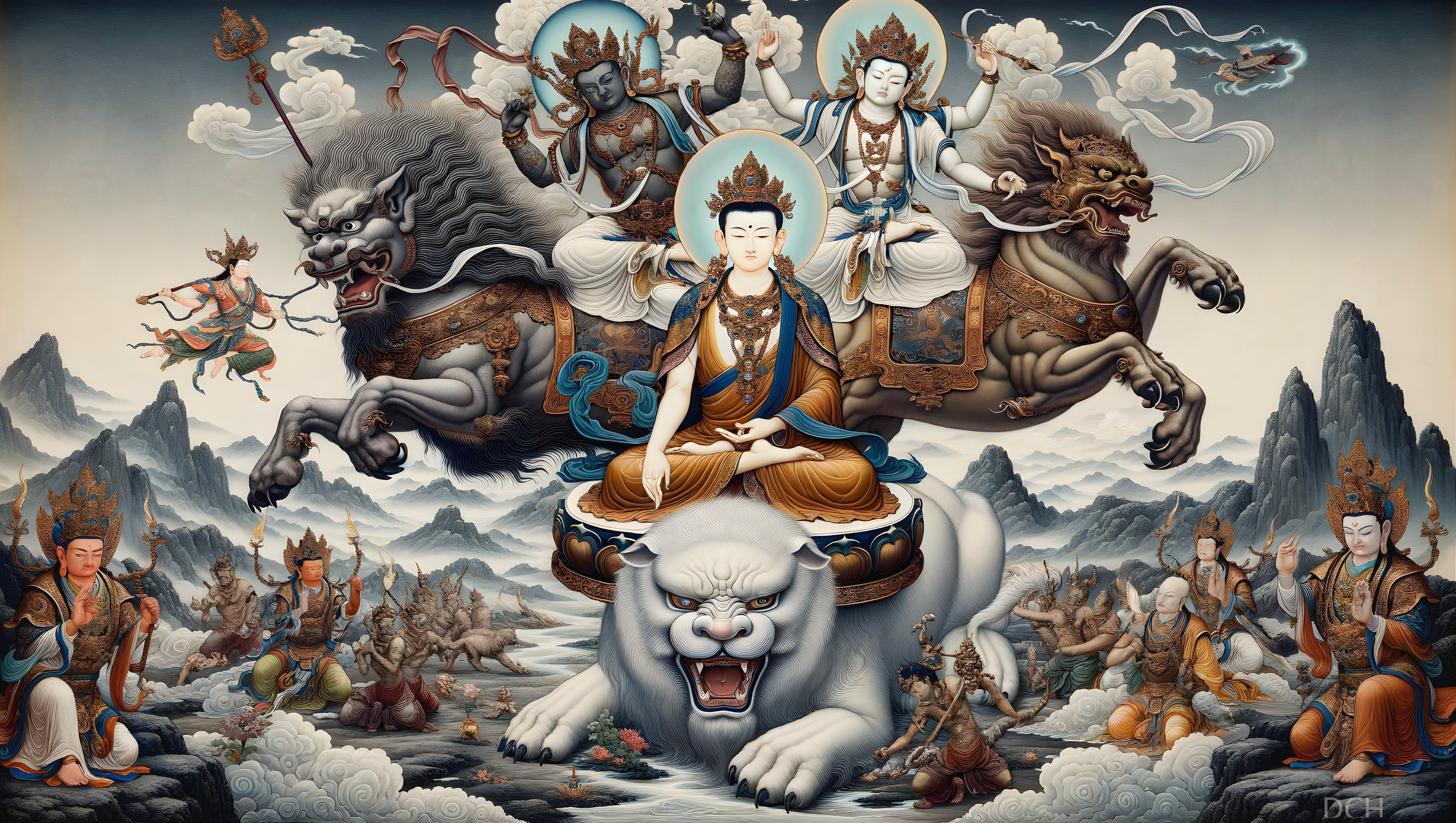 Traditional Asian Art Style Painting: Central Deity on Lion Surrounded by Figures and Creatures against Mountain Back