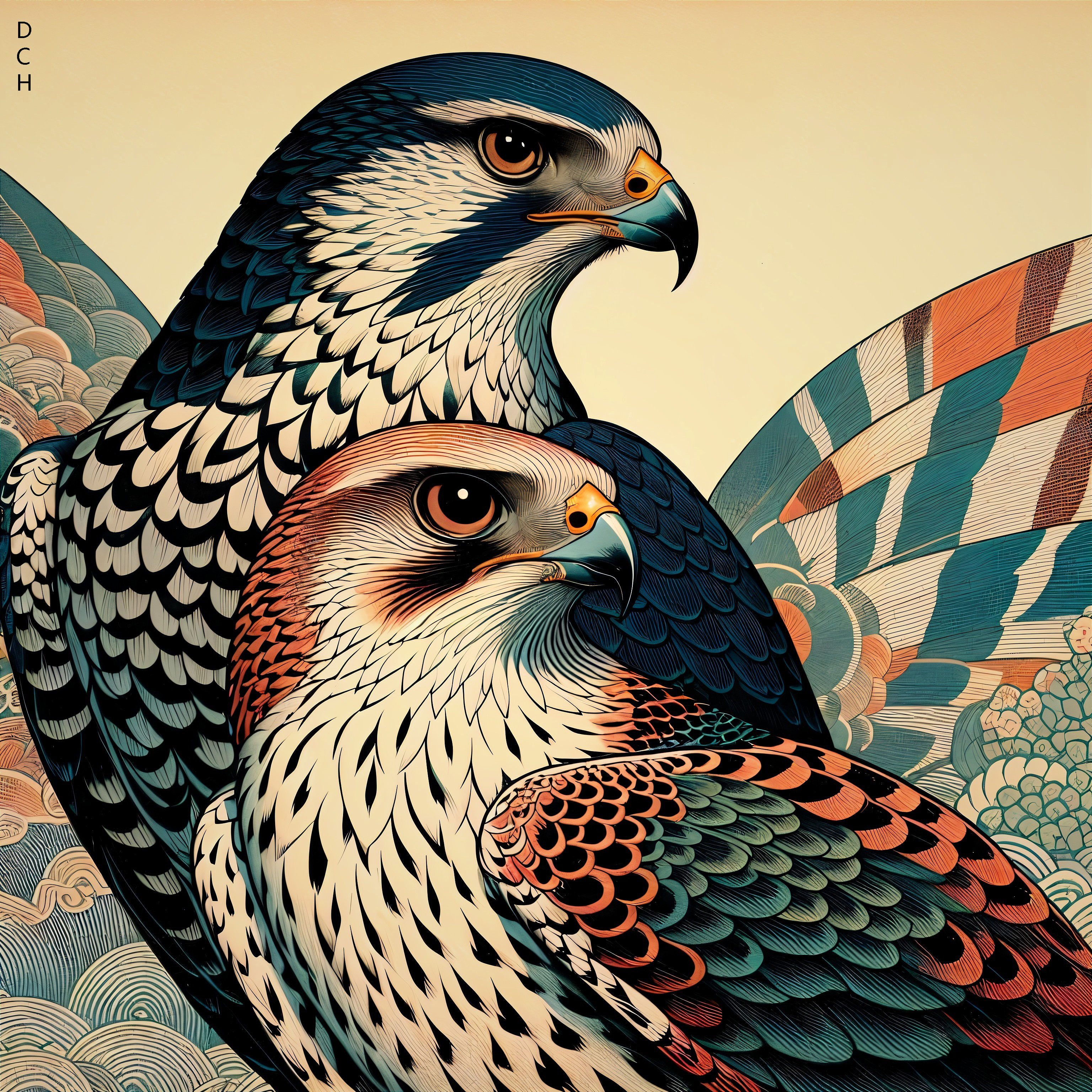 Intricate Illustration of Vibrant Falcons with Patterns