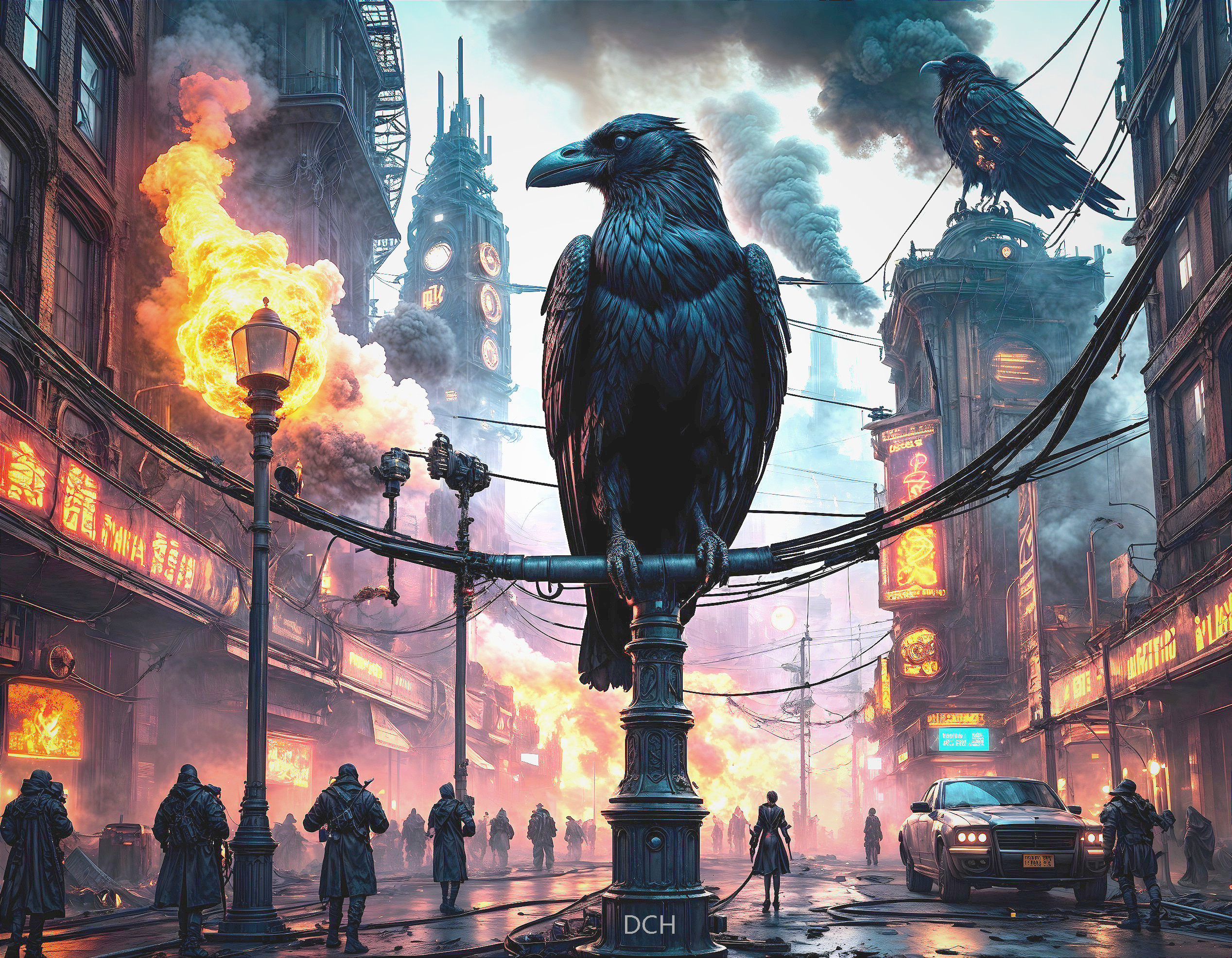 Dystopian Cityscape with Massive Raven and Chaos