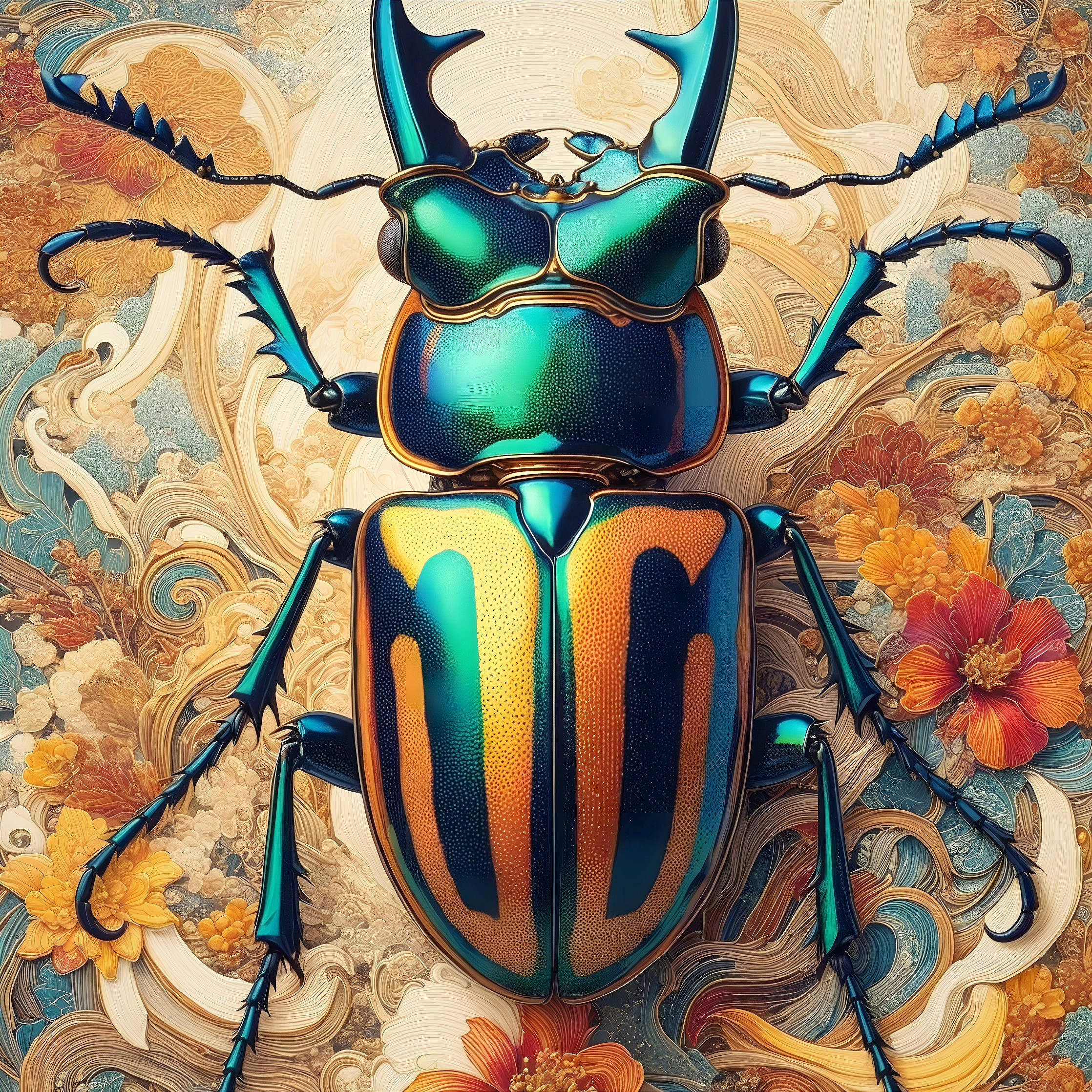 Vibrant Beetle with Iridescent Shell on Floral Background