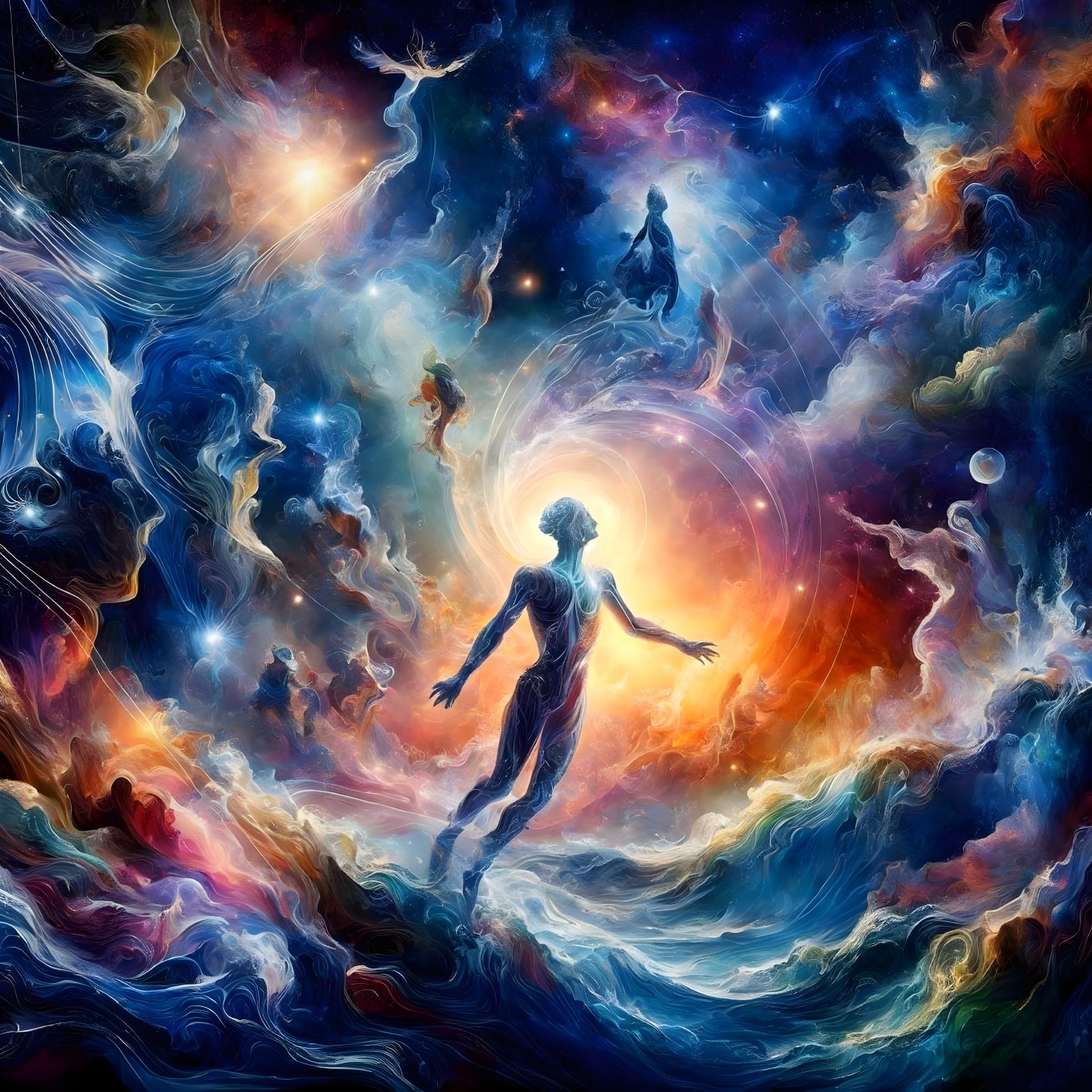 Colorful Cosmic Scene with Silhouetted Human Figure in Swirling Clouds