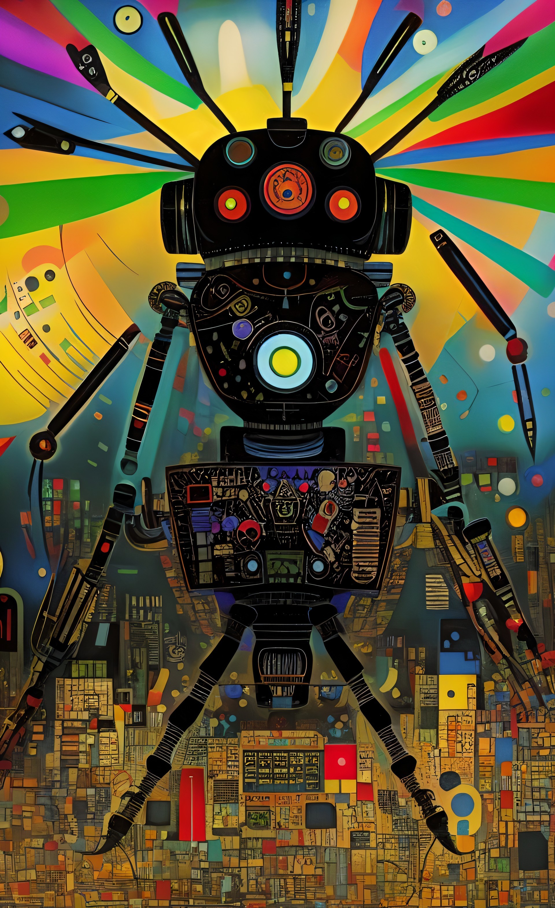 Abstract Robot Against Colorful Geometric Background