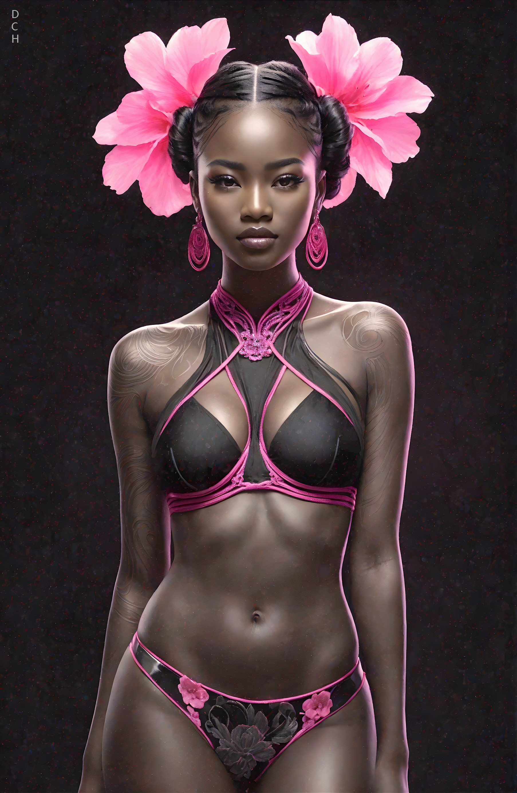 Model with Tattoos in Black and Pink Bikini