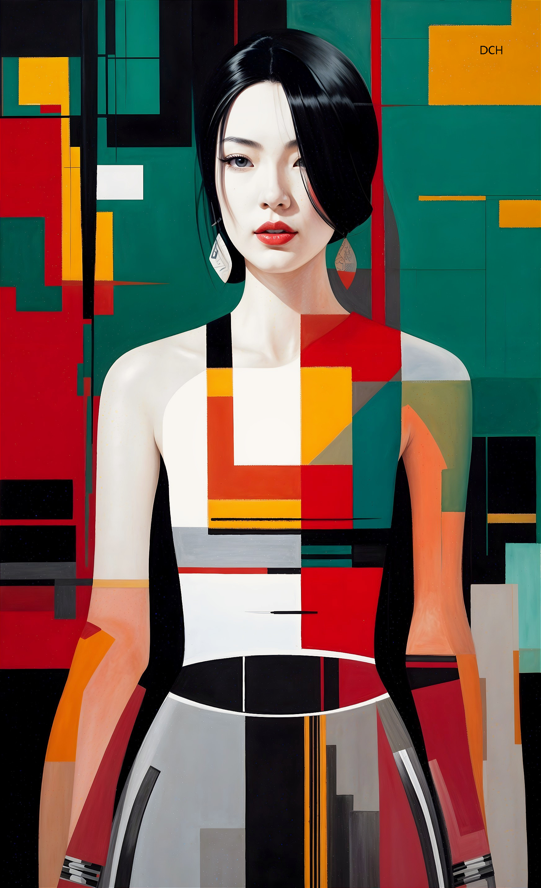 Stylish Woman in Modern Outfit with Geometric Background