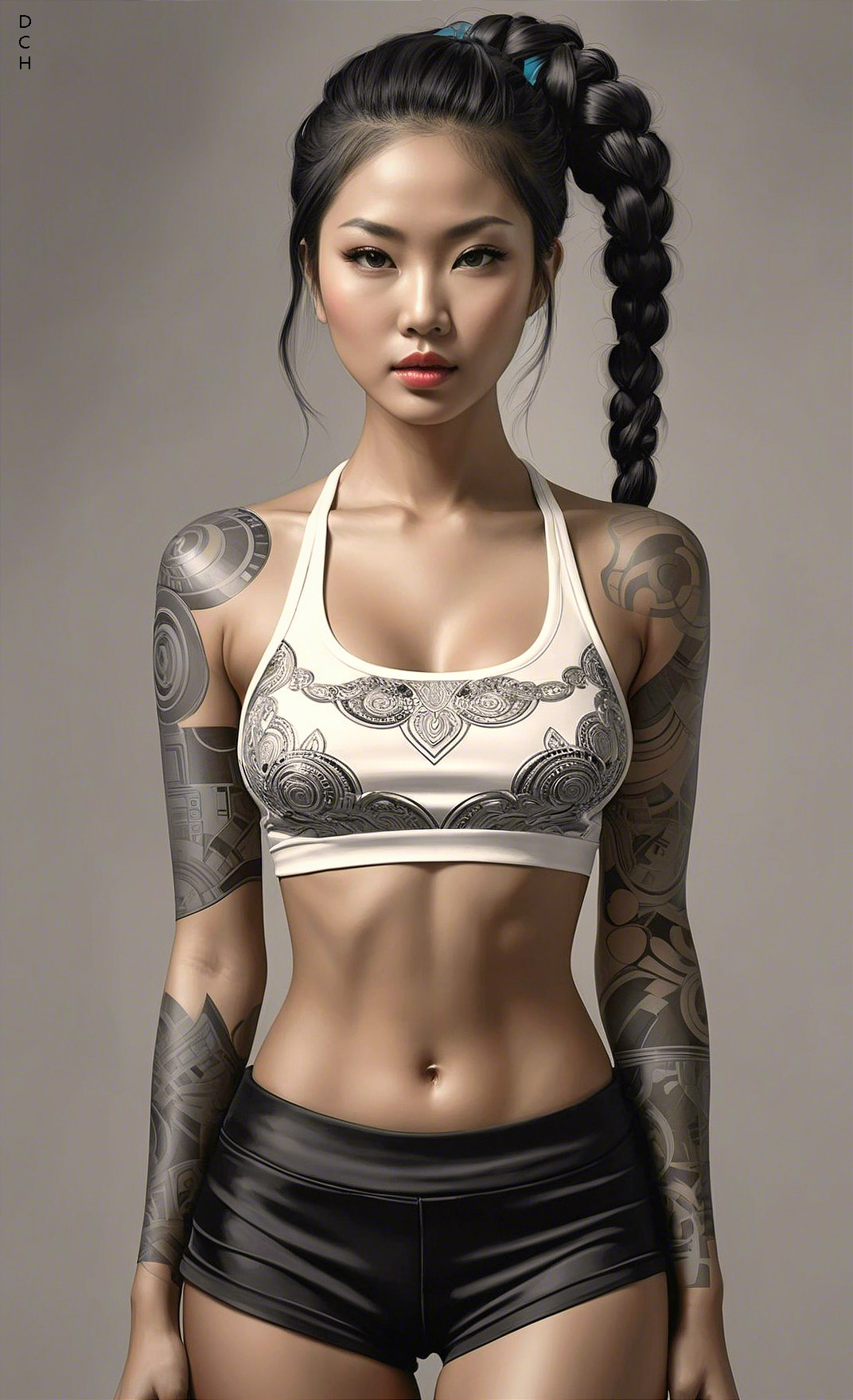 Confident Young Woman in Sporty Outfit and Tattoos