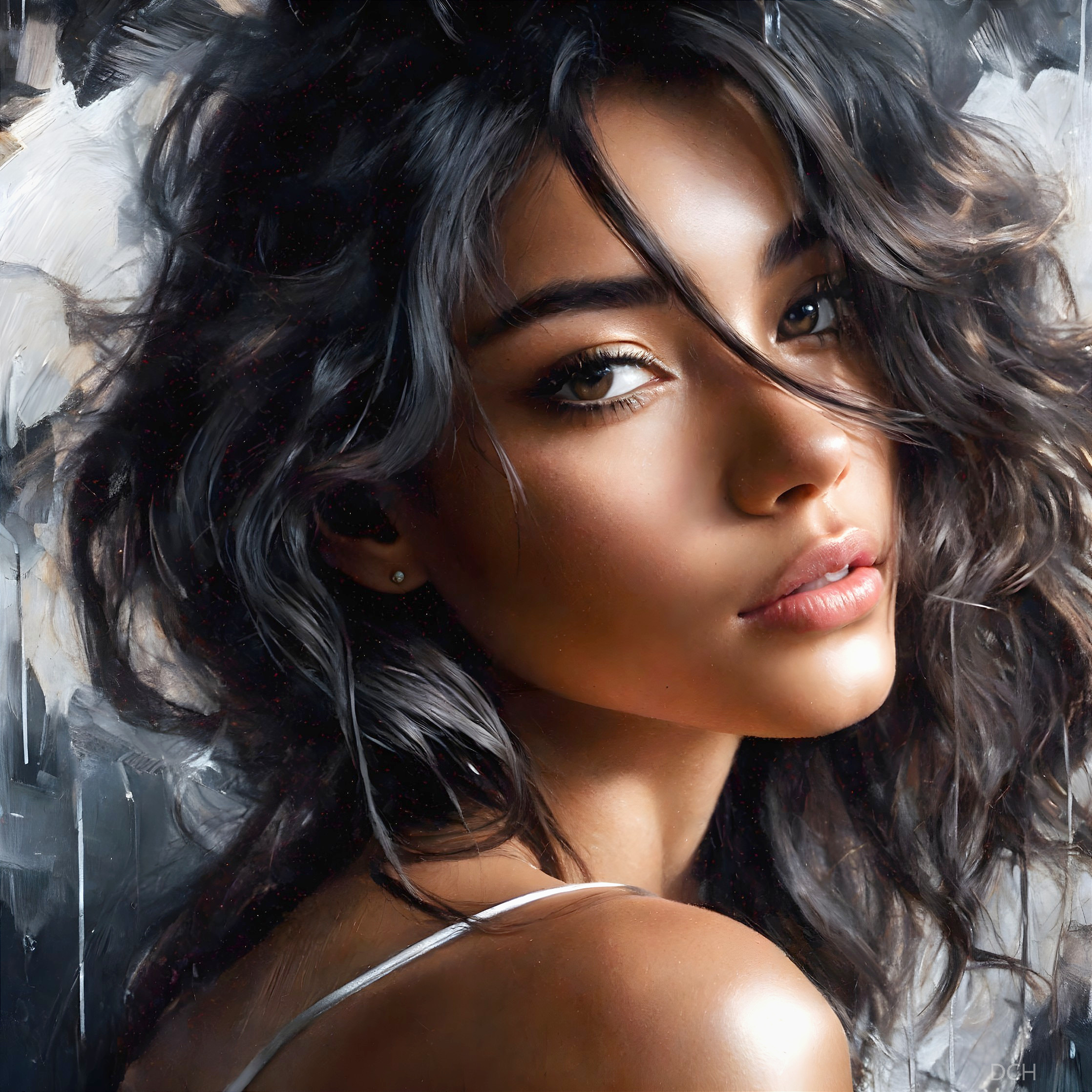 Digital Artwork of Woman with Dark Curly Hair