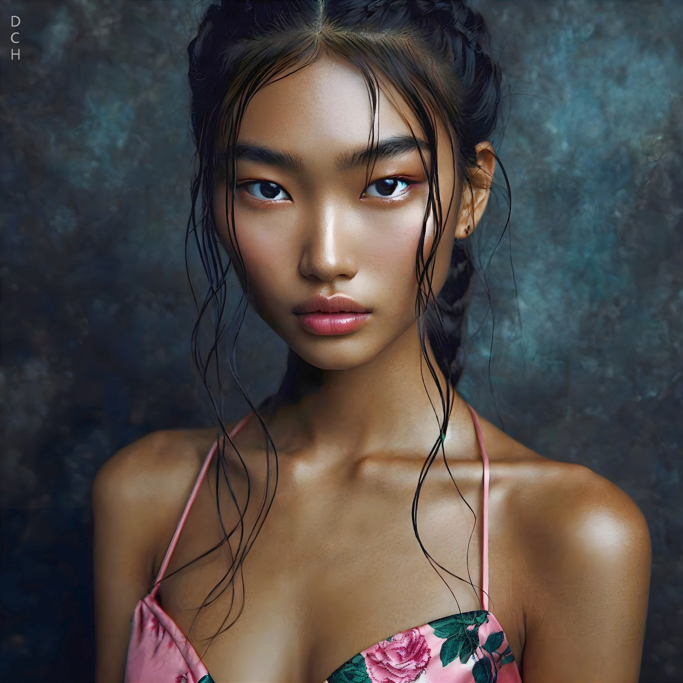 Young woman with braids in floral top and soft lighting