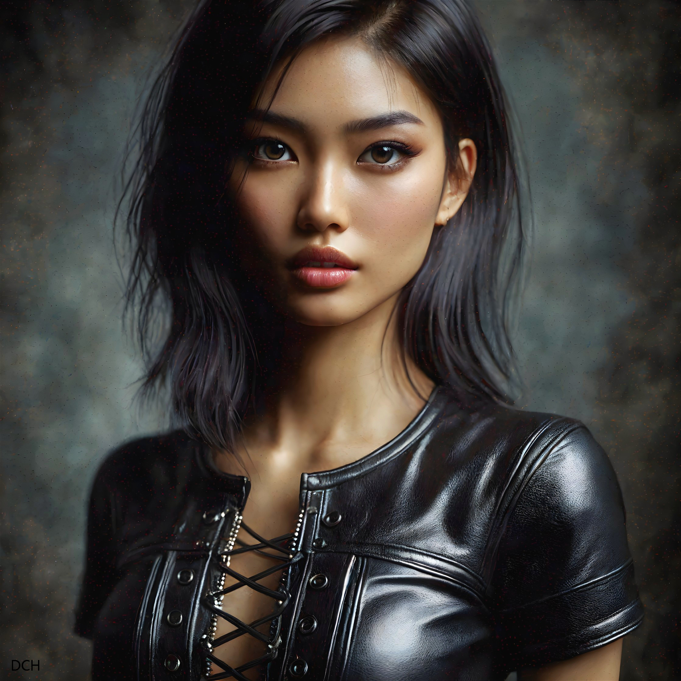 Dark-haired woman in striking makeup and black leather outfit against textured backdrop