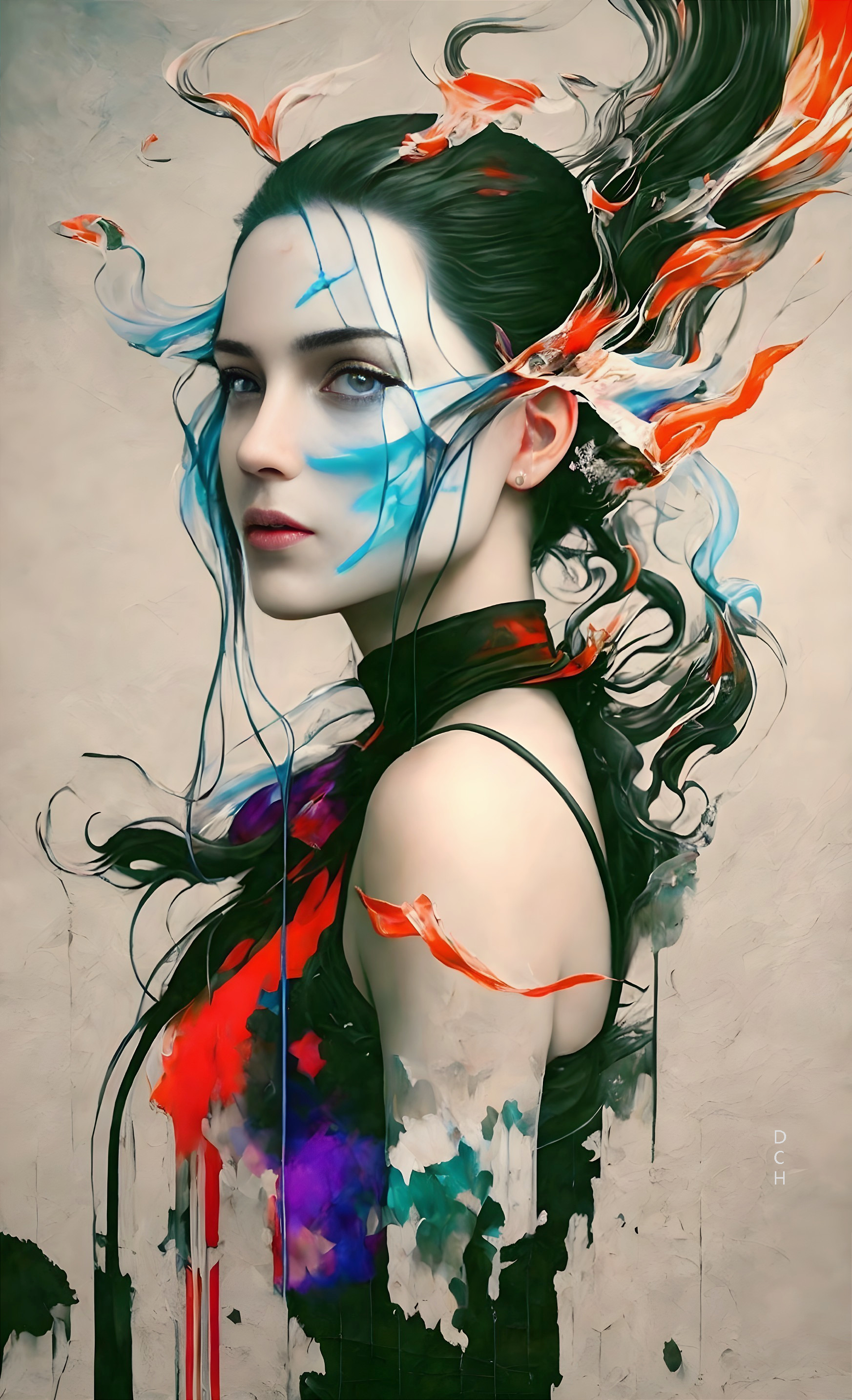 Surreal Artwork of Woman with Blue Face Paint and Koi Fish