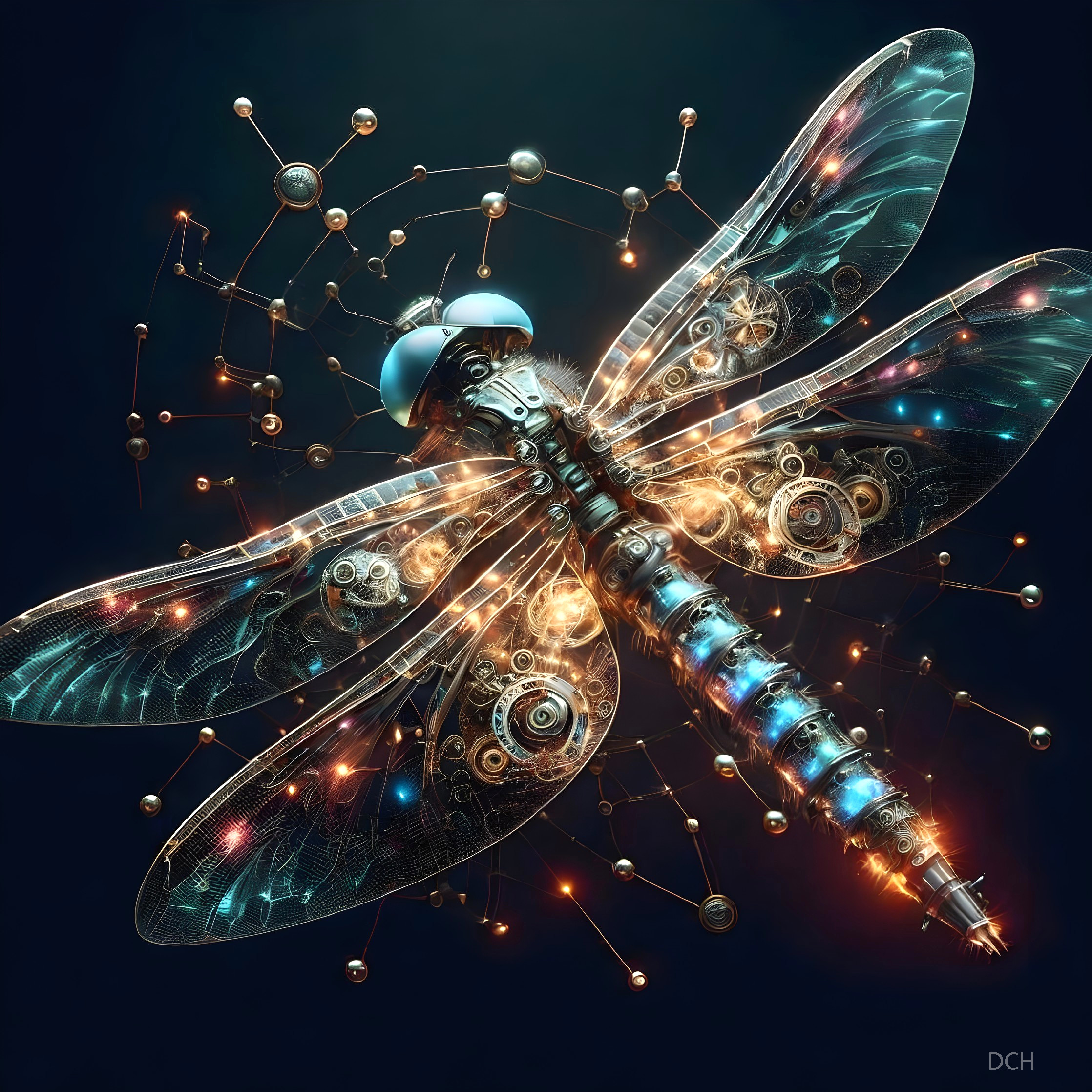 Steampunk-inspired dragonfly with mechanical gears and molecular structures