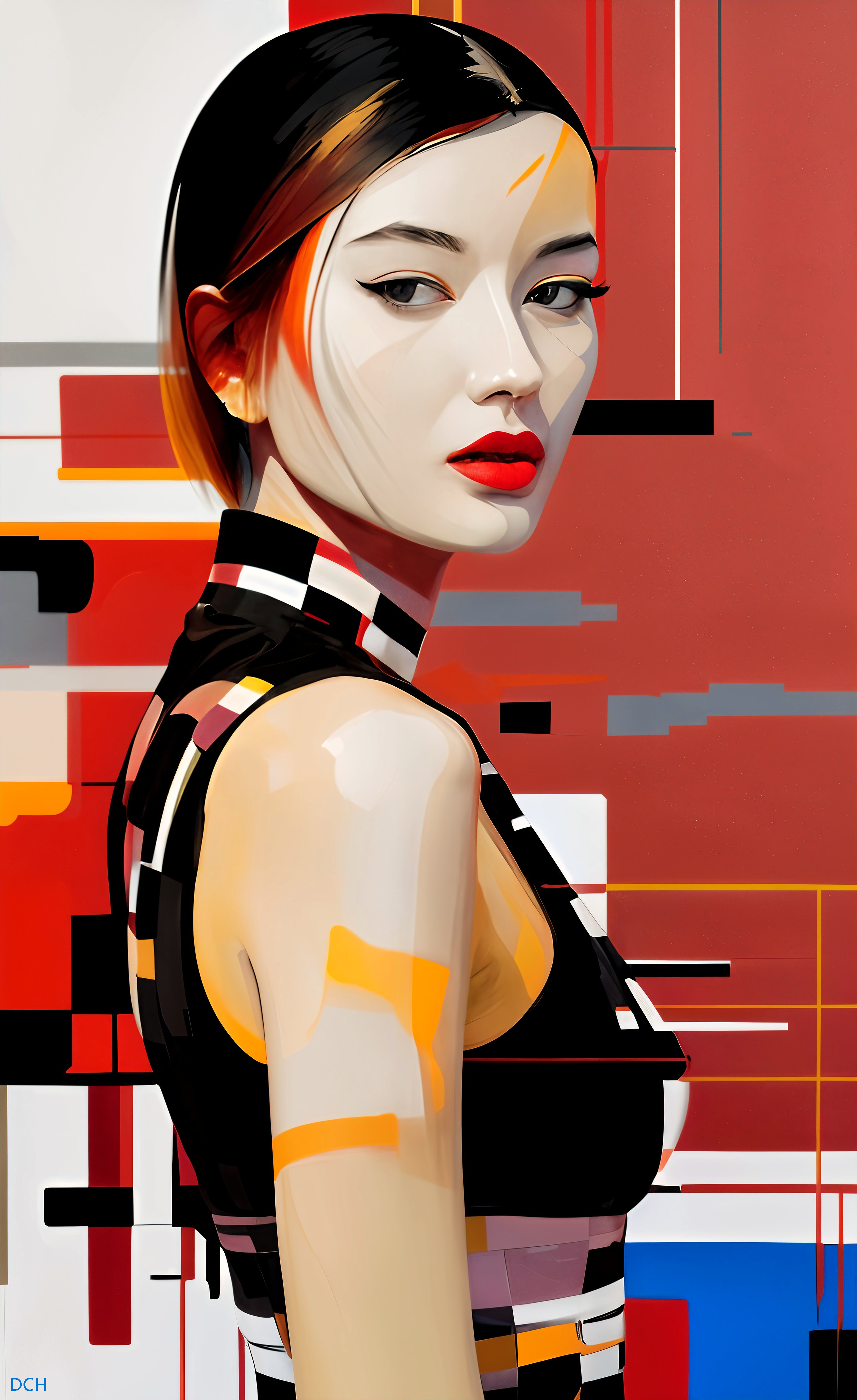 Contemporary Portrait of a Stylish Woman in Abstract Art