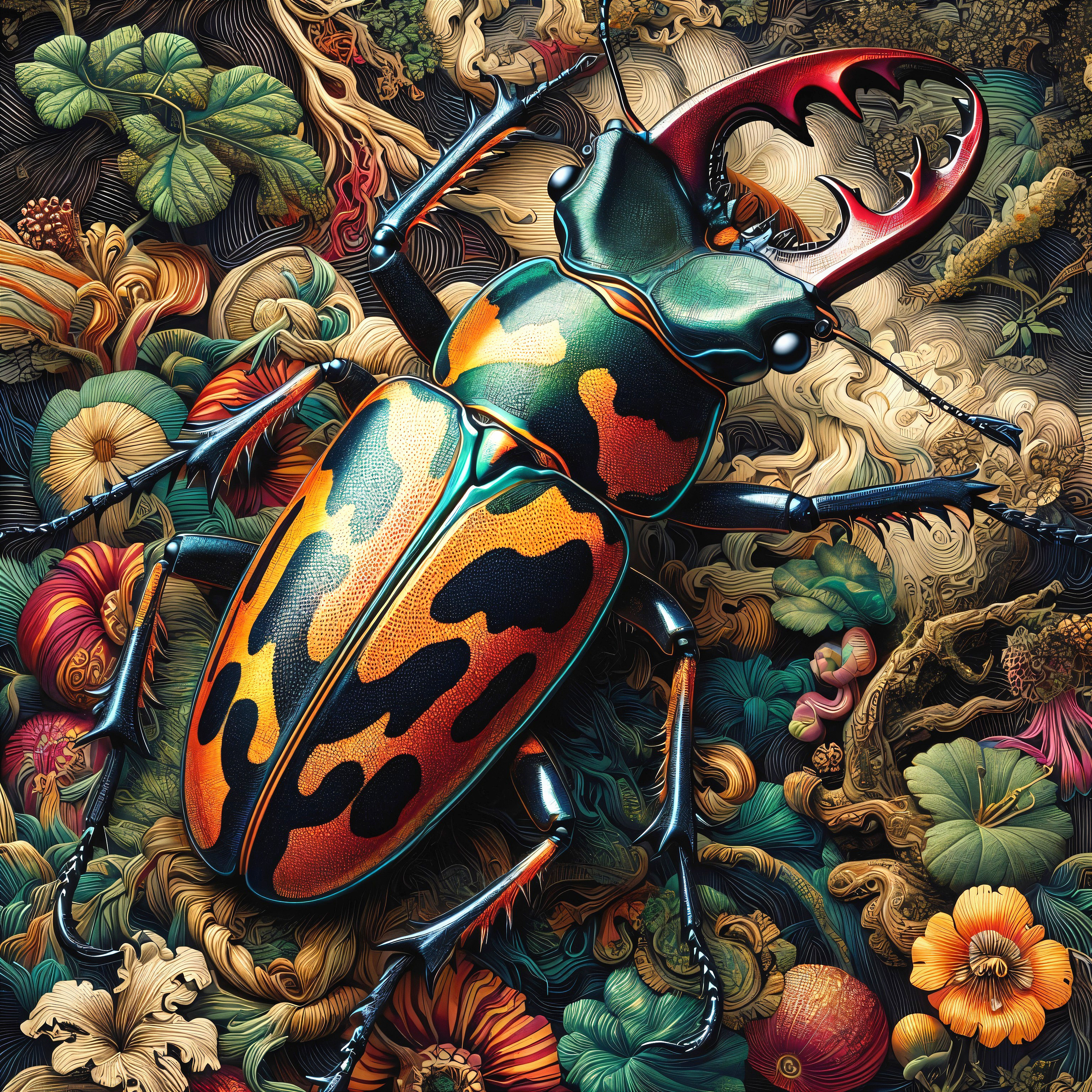 Colorful Beetle Illustration with Floral Background