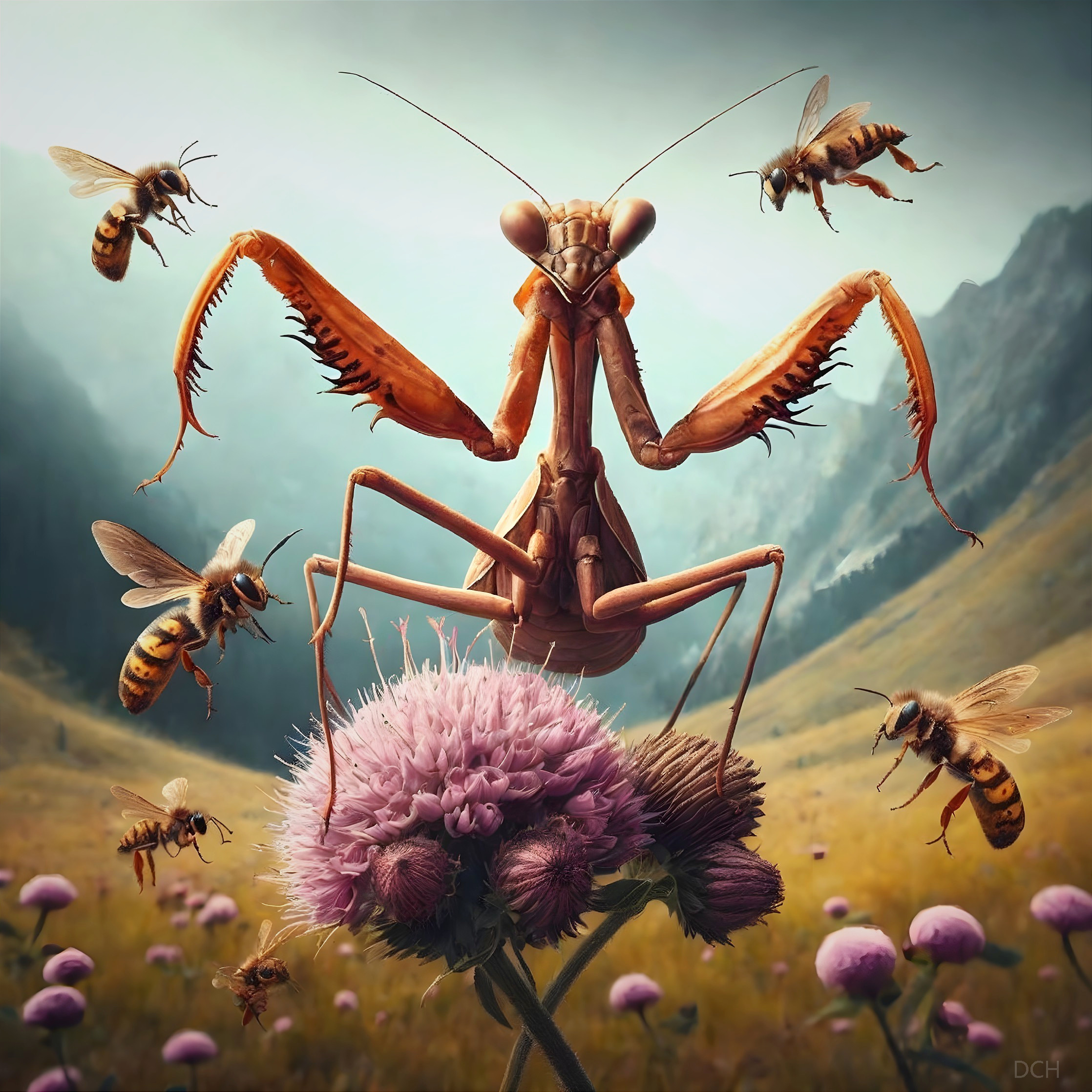 Praying Mantis and Bees in a Golden Meadow