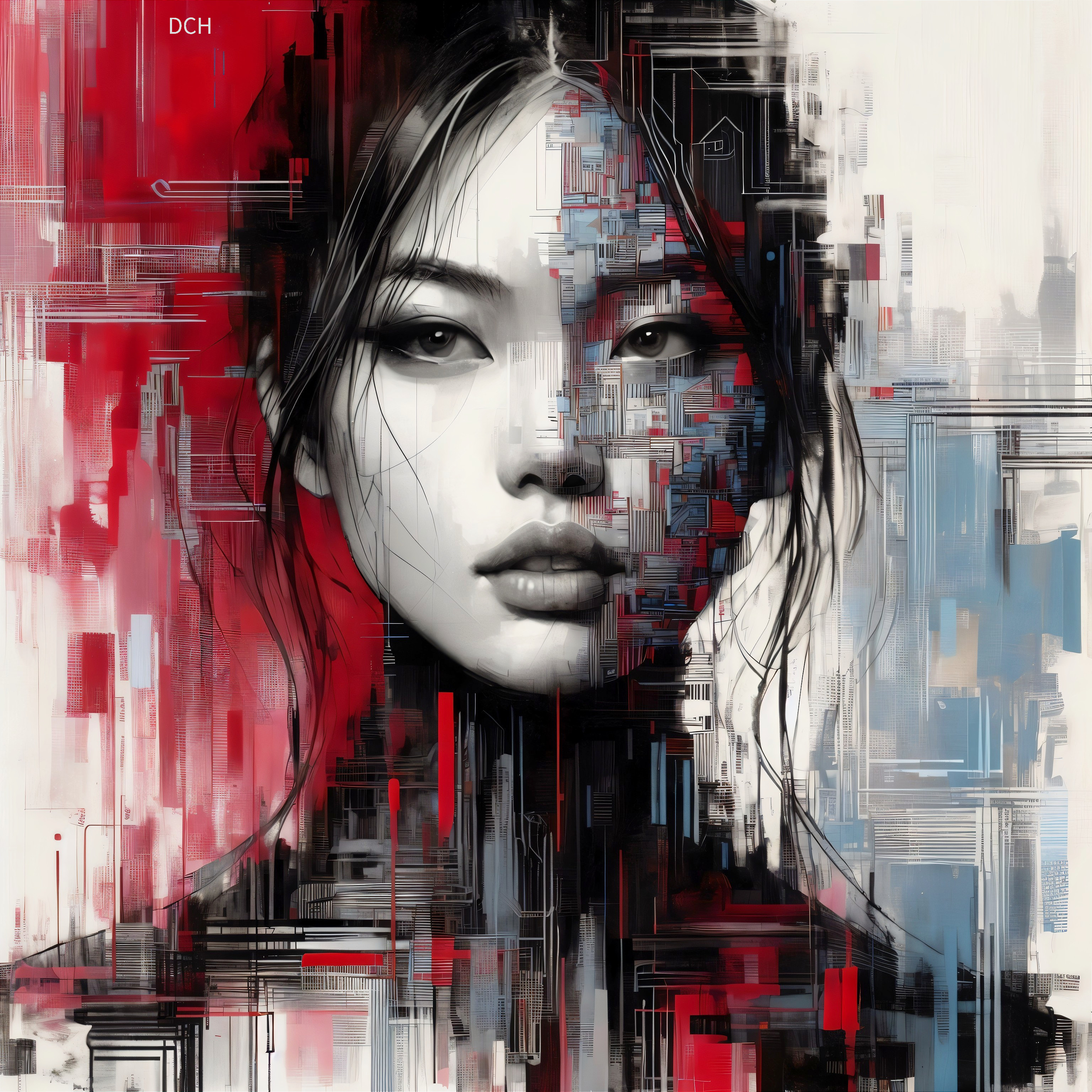 Abstract Portrait of a Woman with Digital Patterns