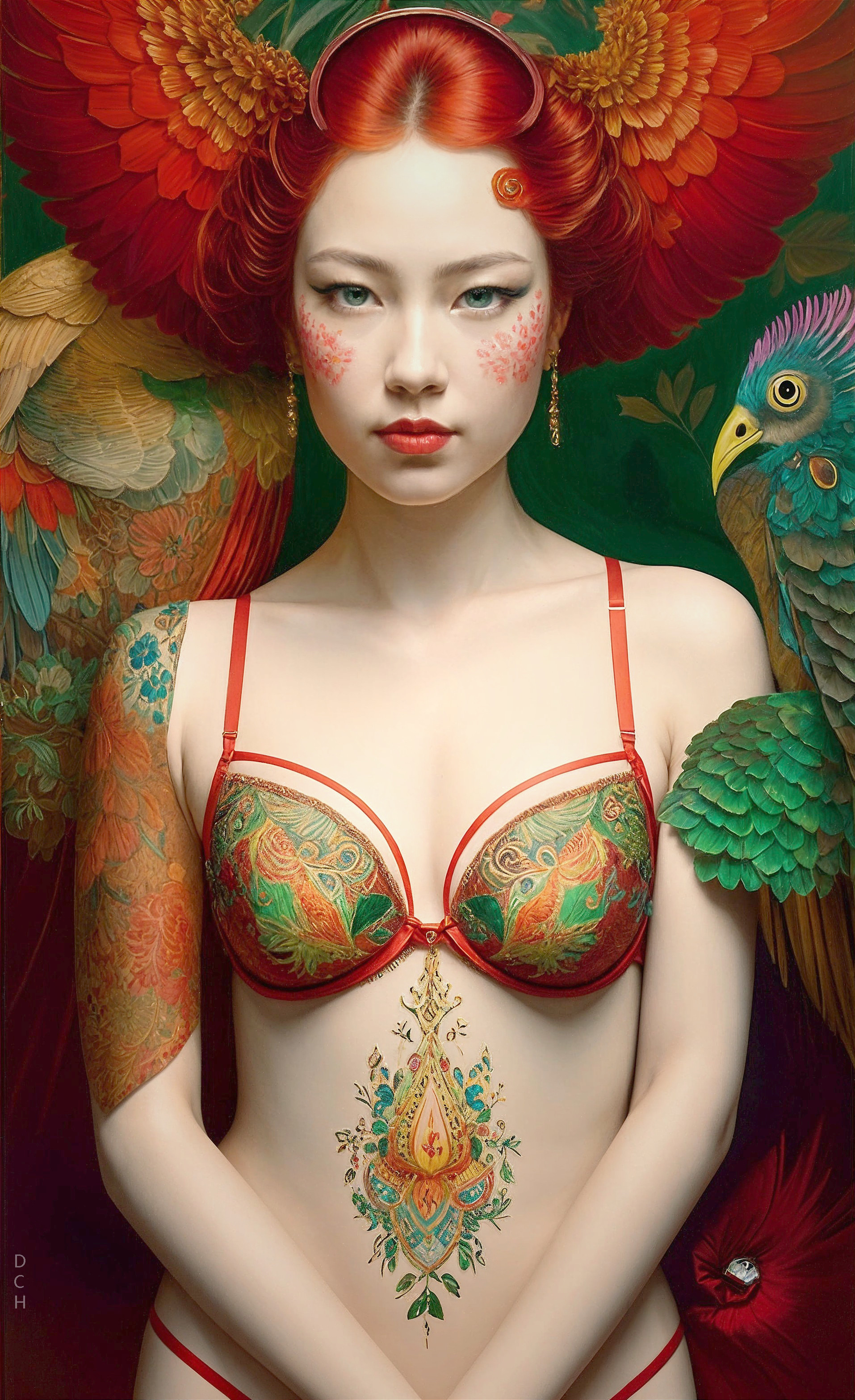 Portrait of a woman with red hair and parrots