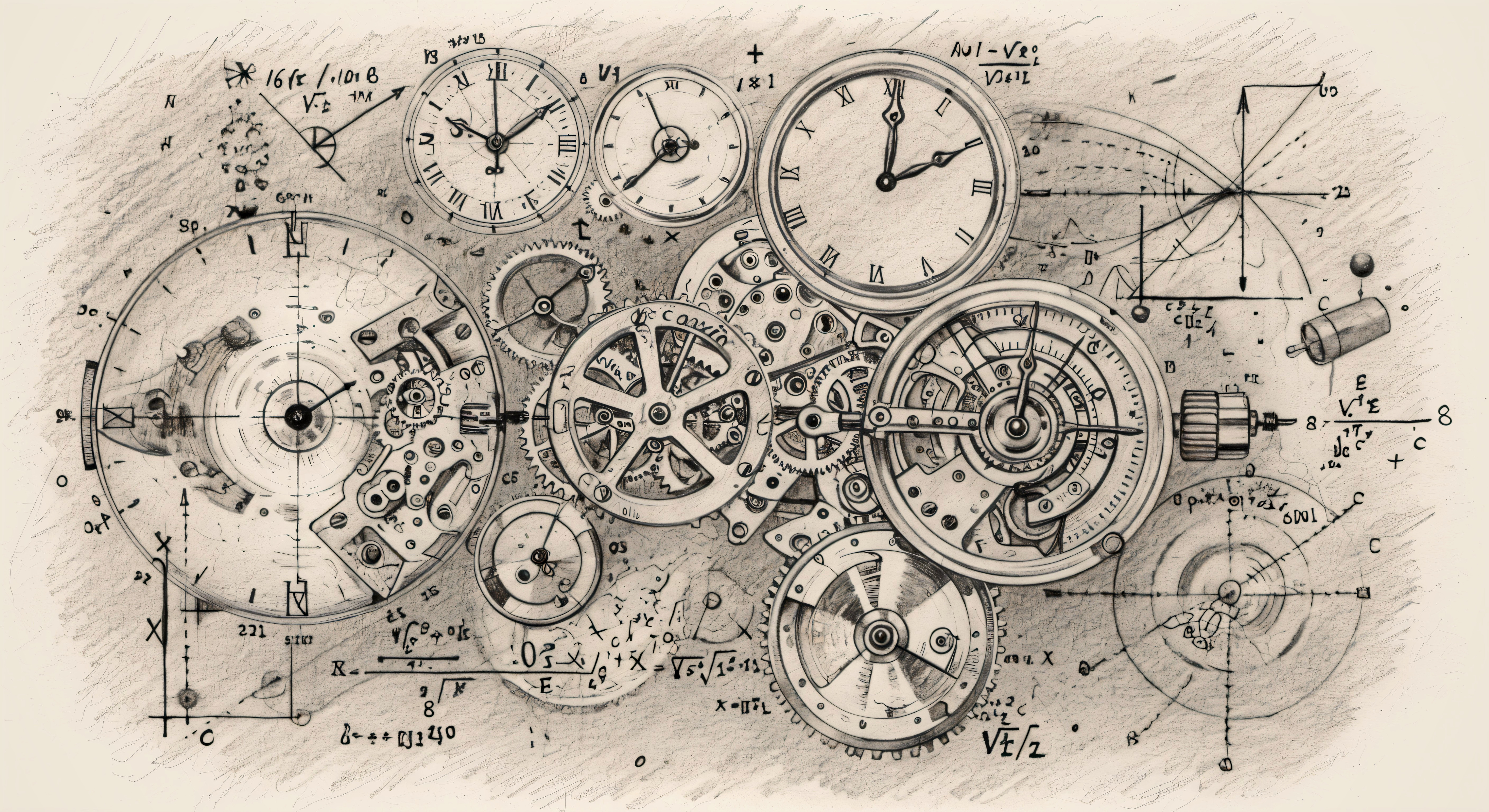 Intricate Illustration of Clock Machinery and Equations