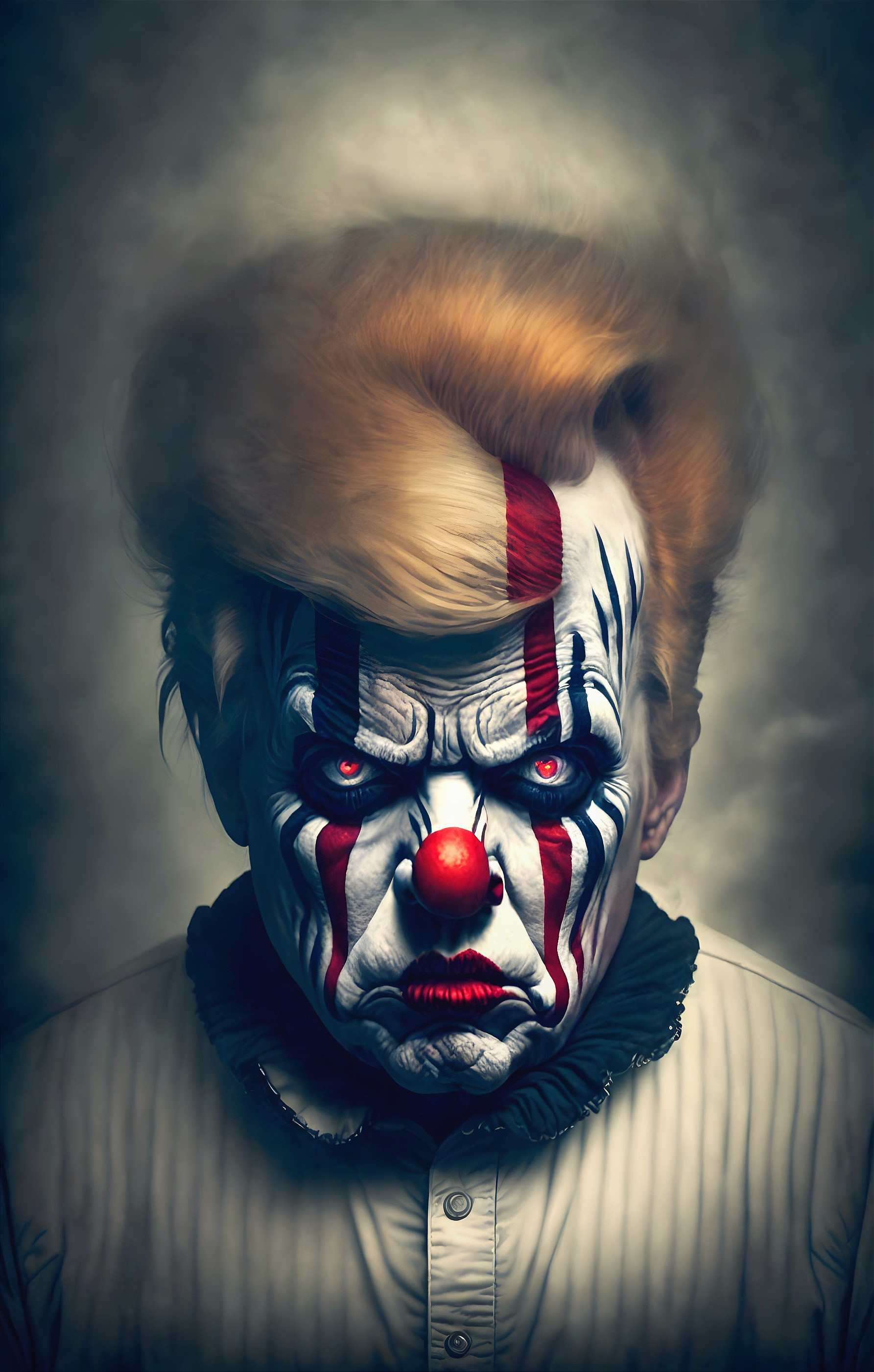 Menacing Clown with Vivid Facial Paint and Ruffled Collar