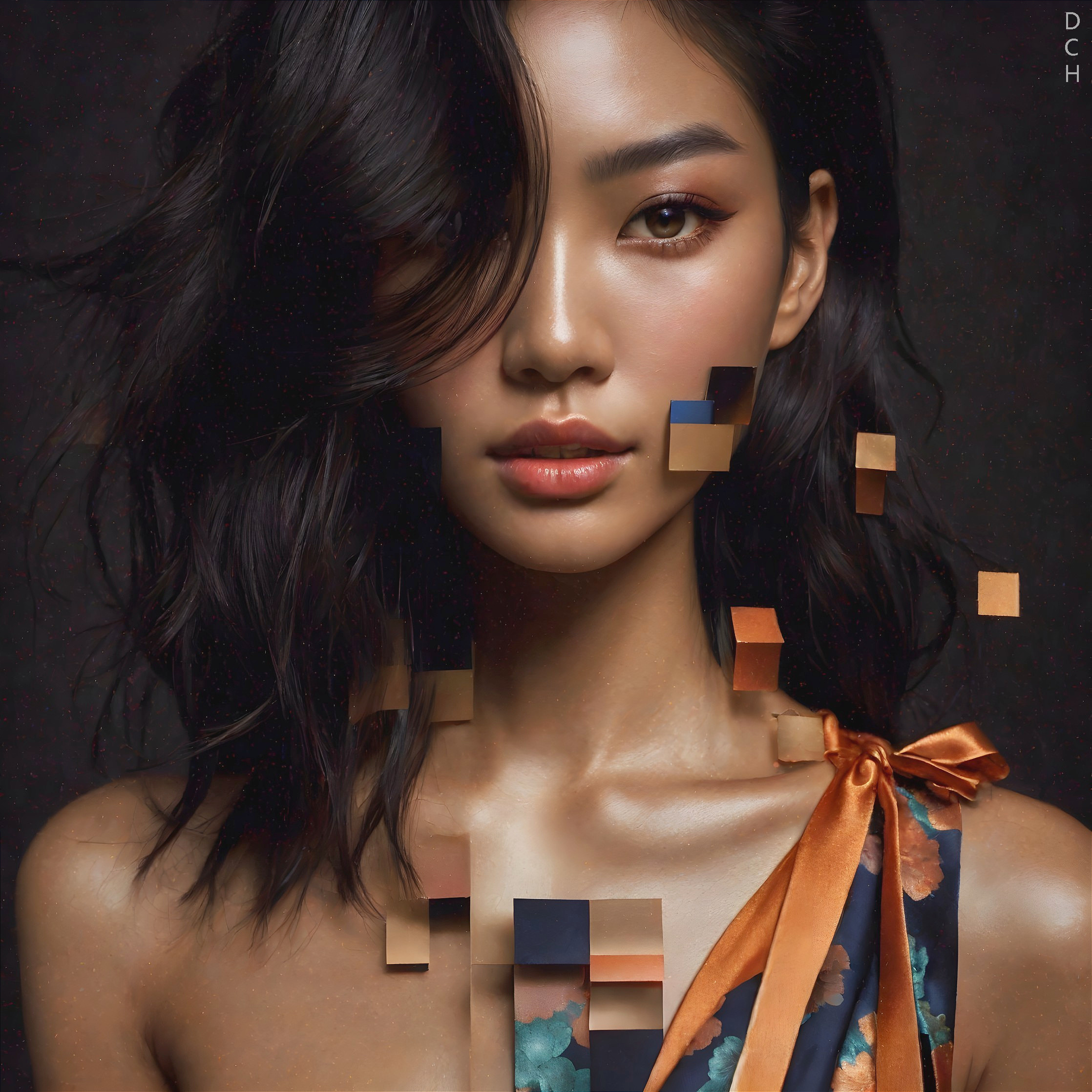 Woman with Black Hair in Floral Outfit and Surreal Background