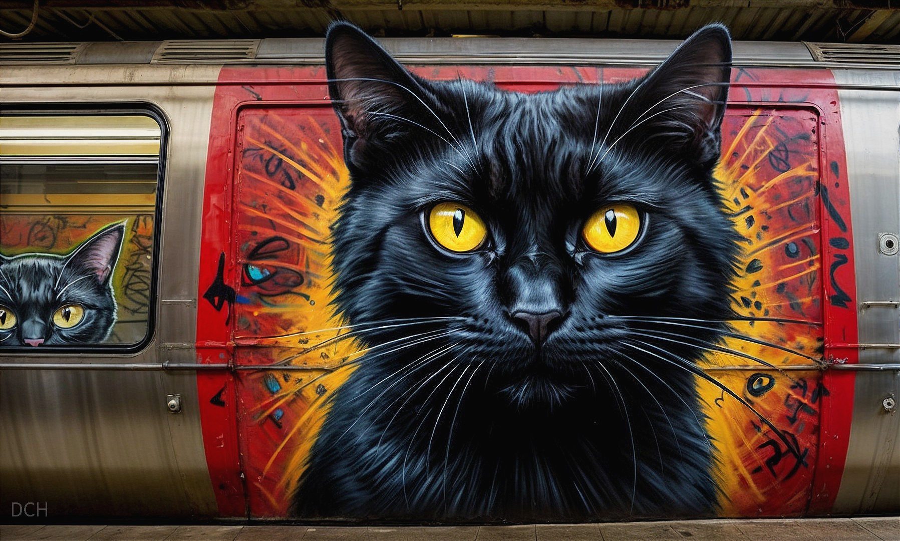 Mural of a Black Cat with Yellow Eyes on Train