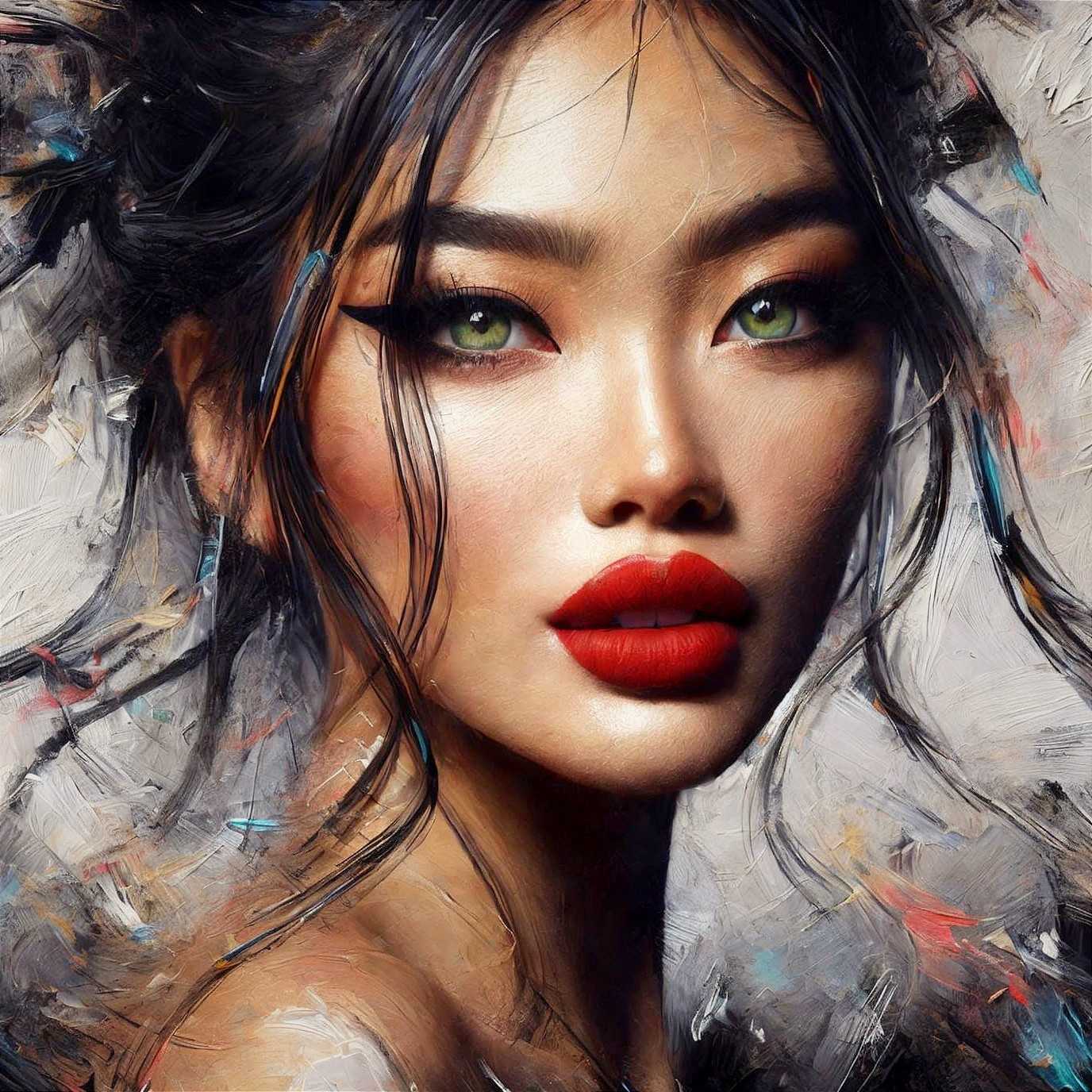 Digital painting: Woman with green eyes, red lips, and dark hair in abstract setting