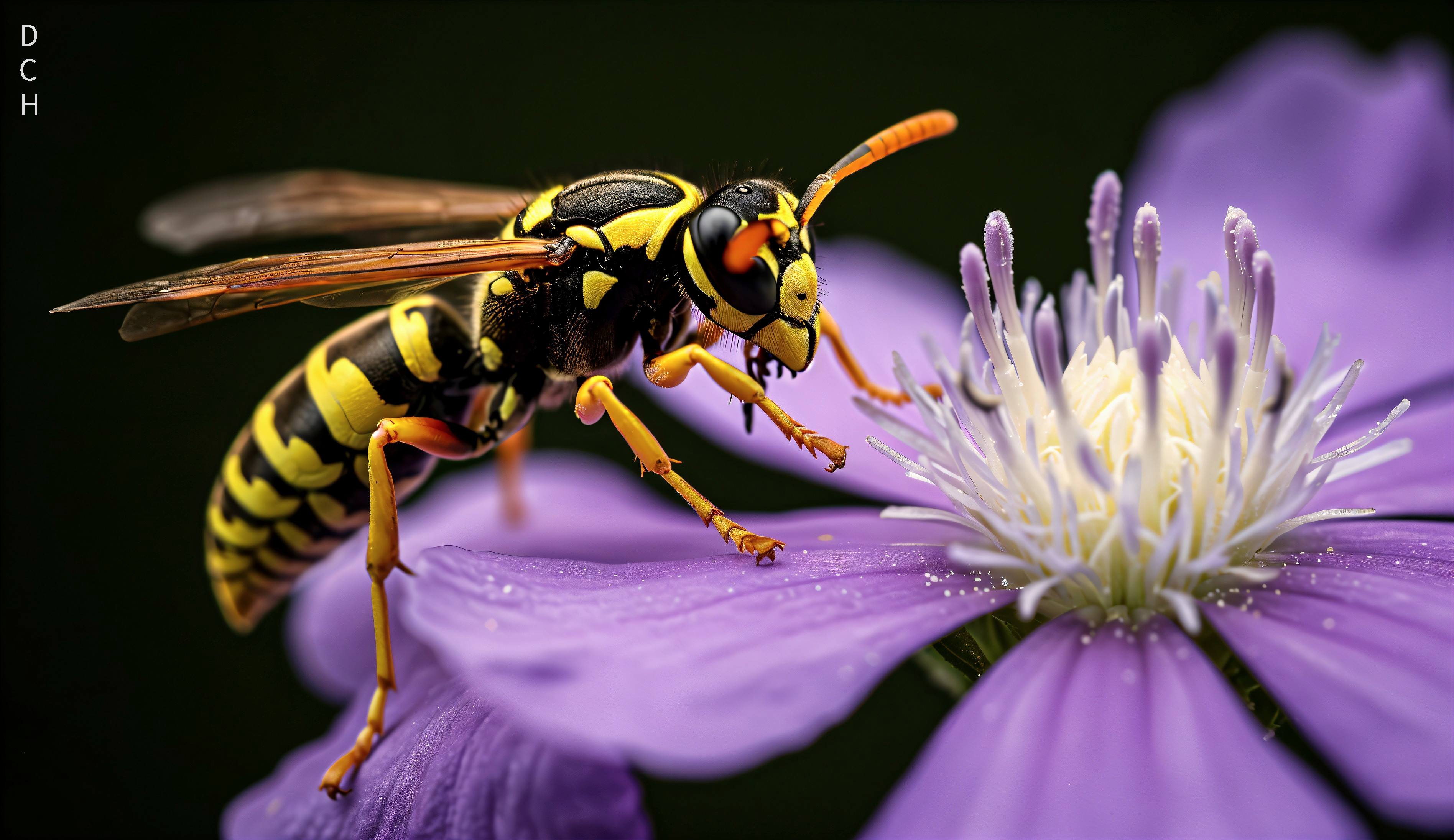 Close-up of a yellow and black wasp on a purple flower