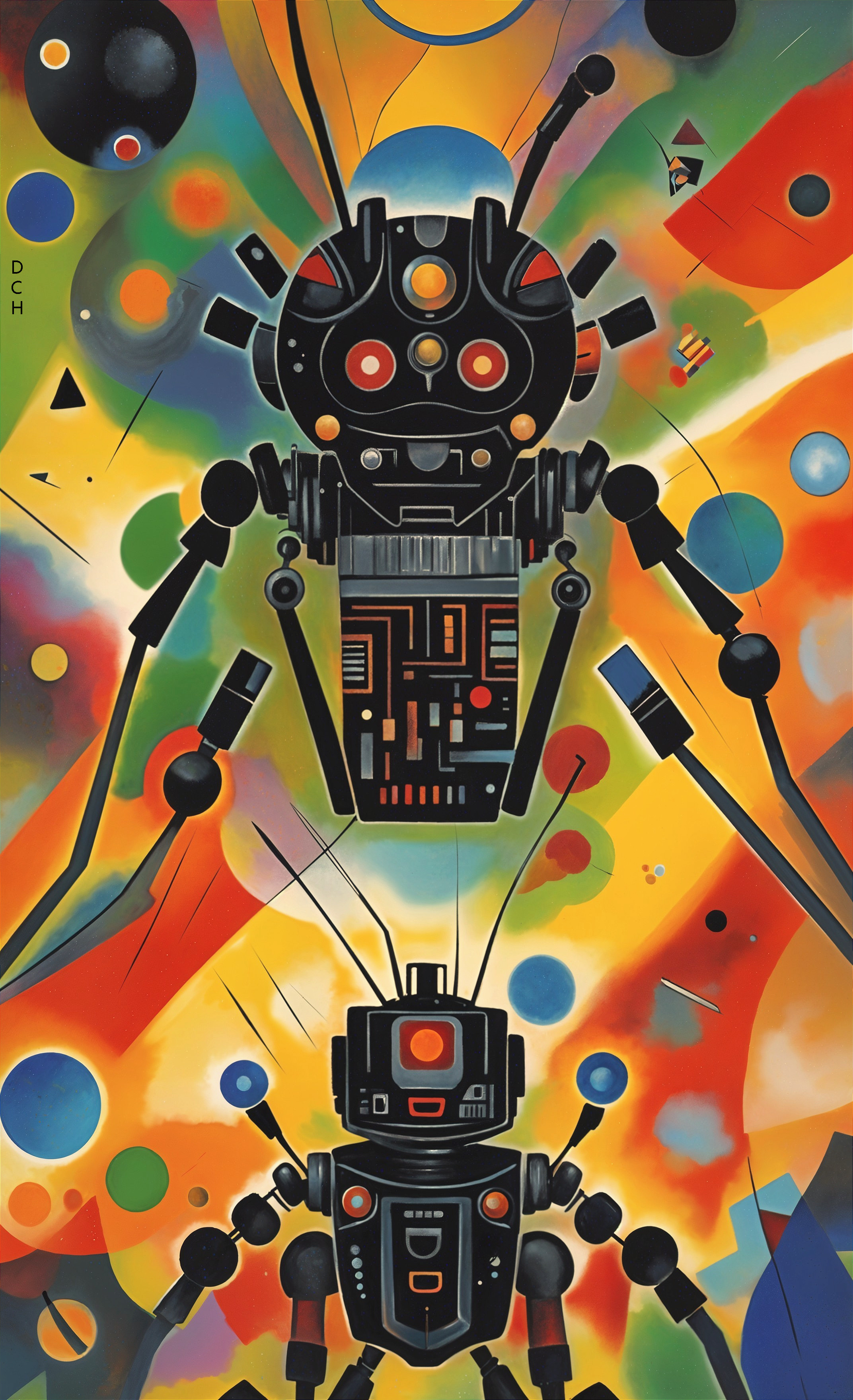 Stylized Robots Against Vibrant Abstract Background