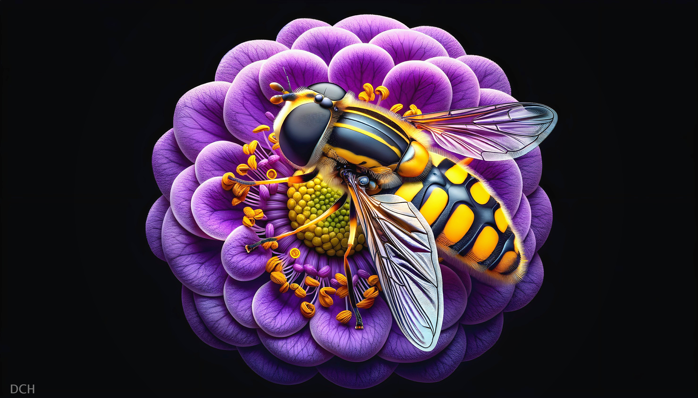 Bee on Vibrant Purple Flower with Dark Background