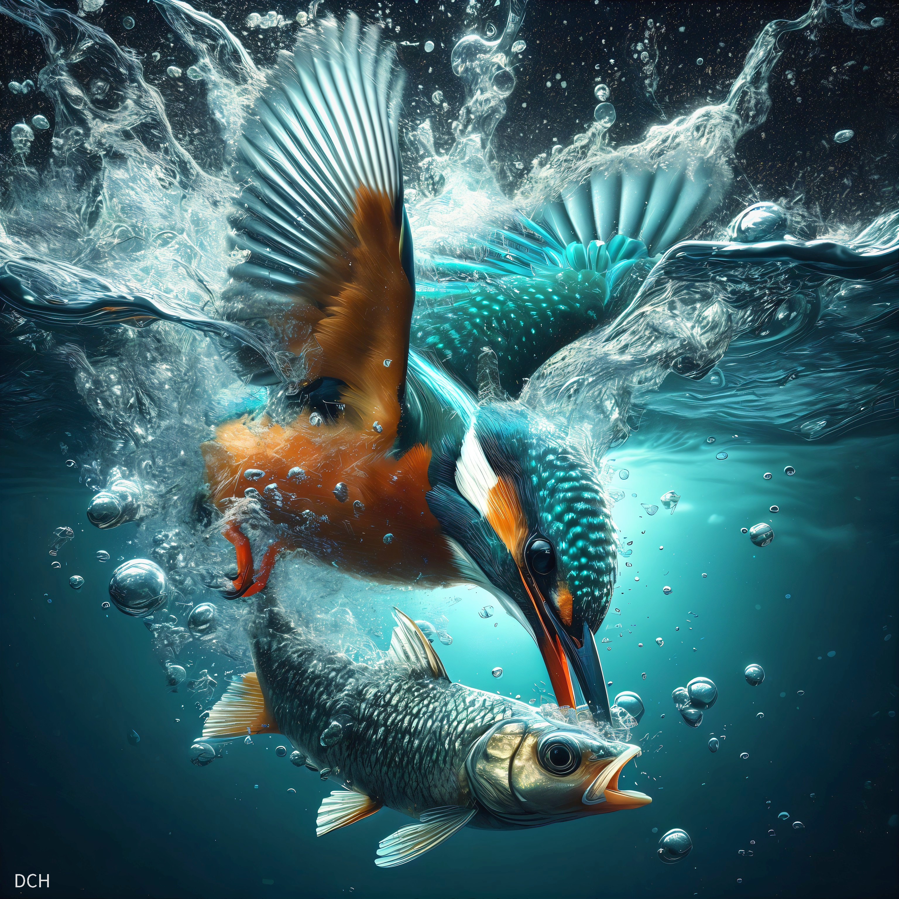 Kingfisher Diving into Clear Water for Shimmering Fish