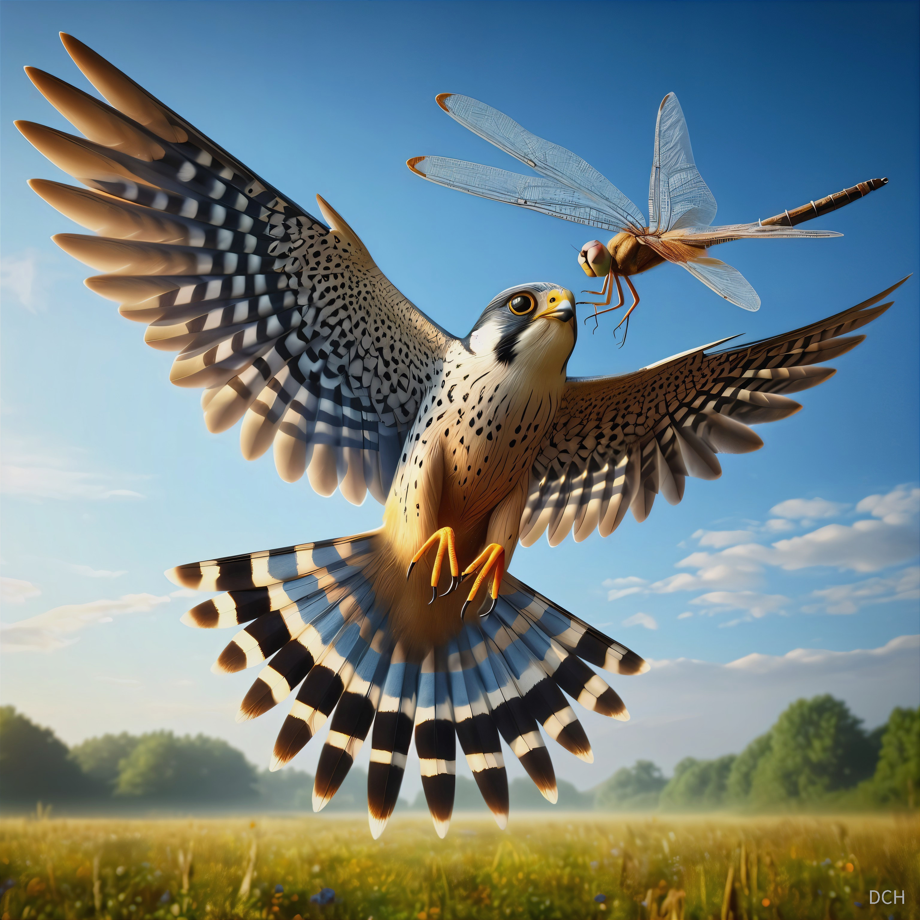 Falcon in Flight with Dragonfly Against Blue Sky
